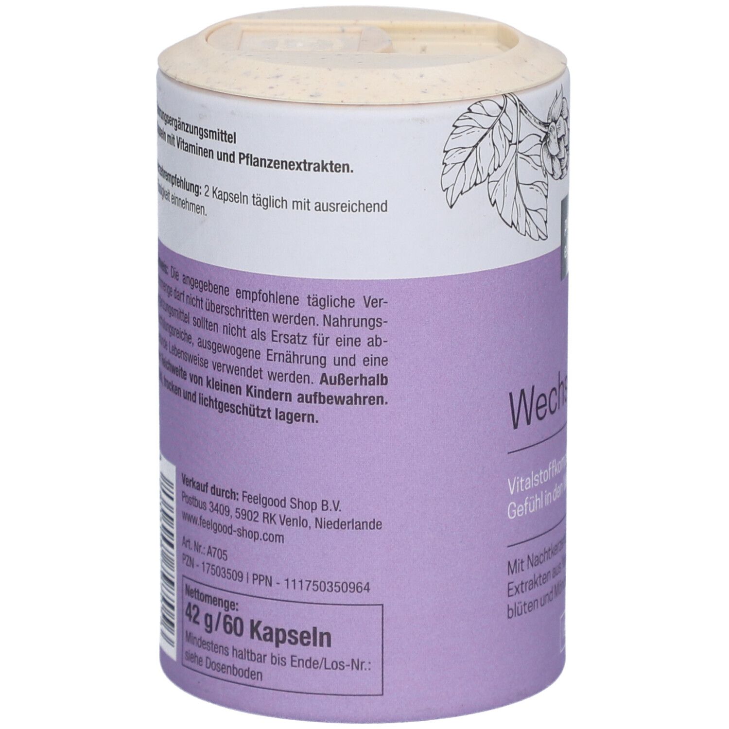 Dose, Rückseite. Text: Nahrungsergänzungsmittel. Verzehrempfehlung: 2 Kapseln täglich. Hinweise. 42 g/60 Kapseln.