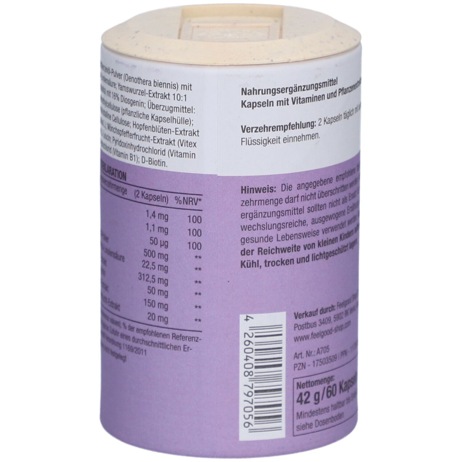 Dose, Rückseite. Text: Nahrungsergänzungsmittel. Verzehrempfehlung: 2 Kapseln täglich. Hinweise. 42 g/60 Kapseln.