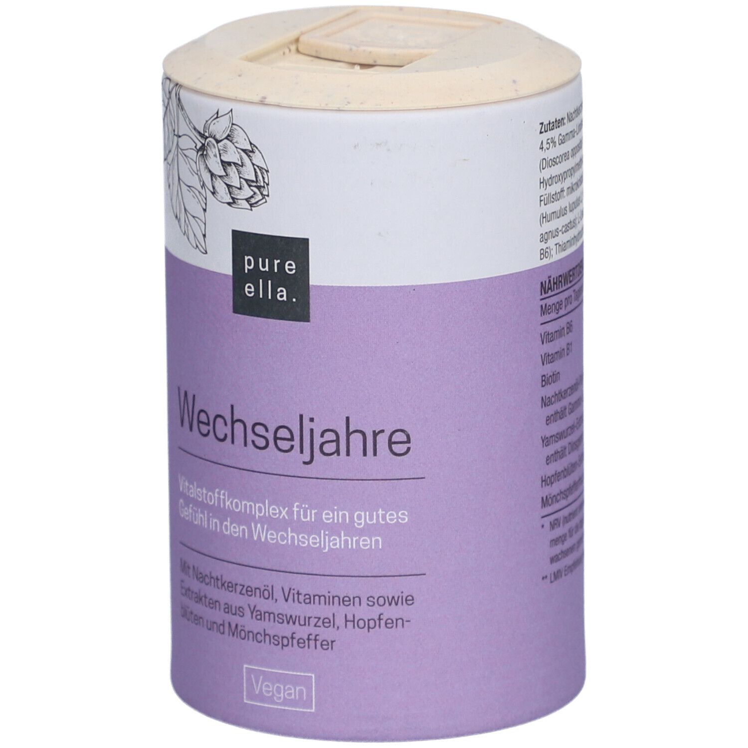 Zylindrische Dose mit lila Etikett. Text: Wechseljahre. Marke: pure ella. Vegan-Siegel. Deckel aus Naturmaterial.