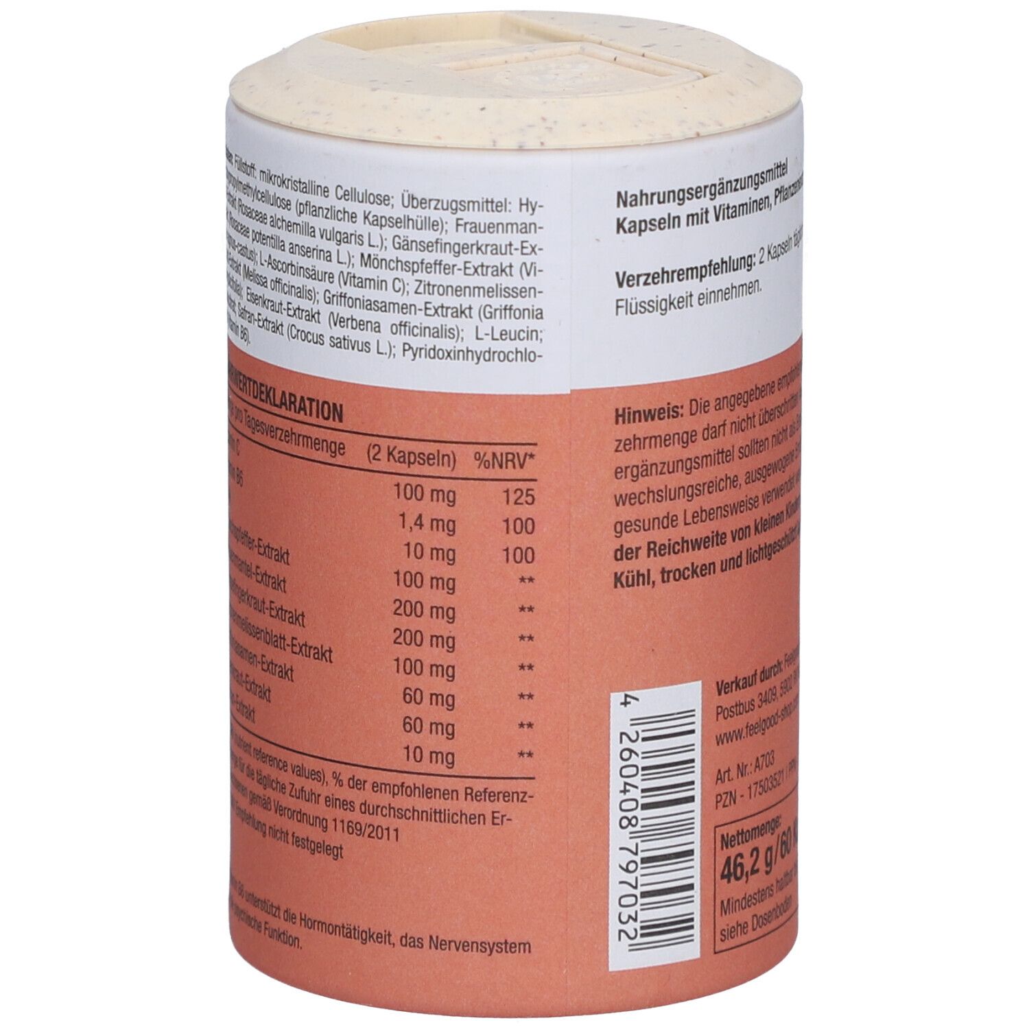 Rückseite der Dose mit Nährwertdeklaration und Zutaten. Text: Vitamin C, Vitamin B6, Zink, etc.