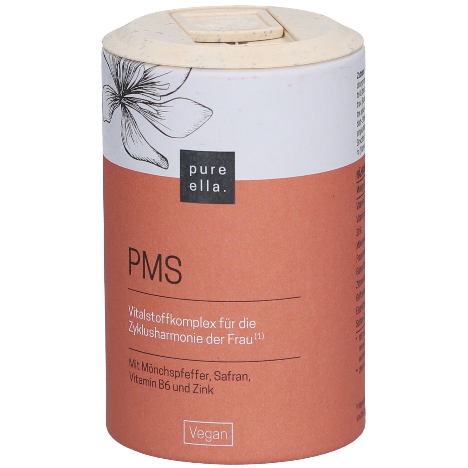 Zylindrische Dose mit Produktinformationen. Aufschrift: PMS, Vitalstoffkomplex. Vegan-Siegel.