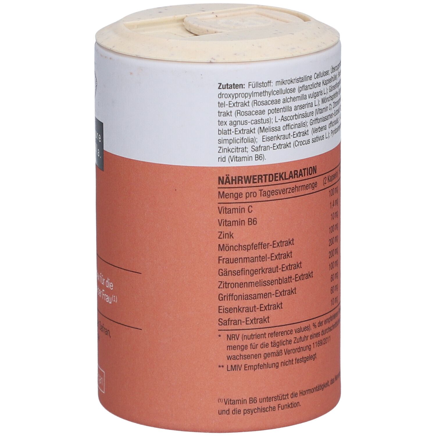 Rückseite der Dose mit Nährwertdeklaration und Zutaten. Text: Vitamin C, Vitamin B6, Zink, etc.