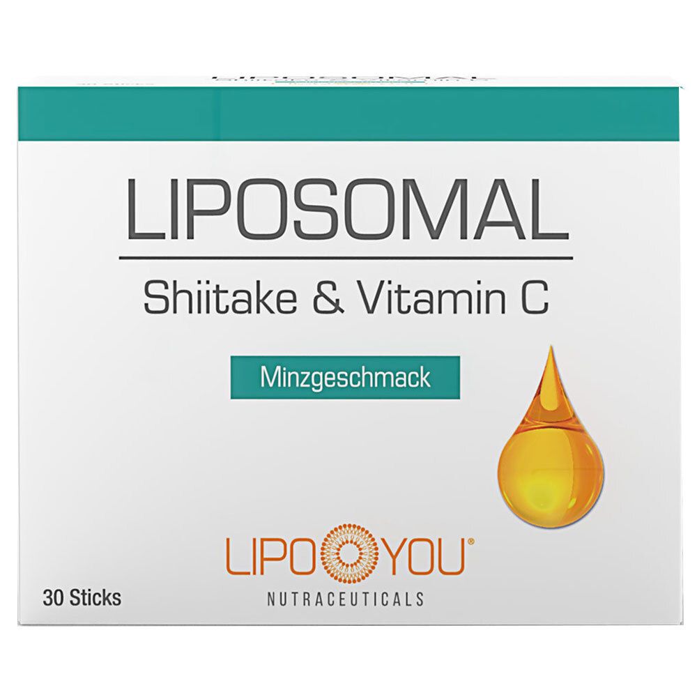 Karton mit LIPO YOU® Liposomal Shiitake + Vitamin C. Aufschrift: Liposomal, Shiitake & Vitamin C, Minzgeschmack. 30 Sticks.