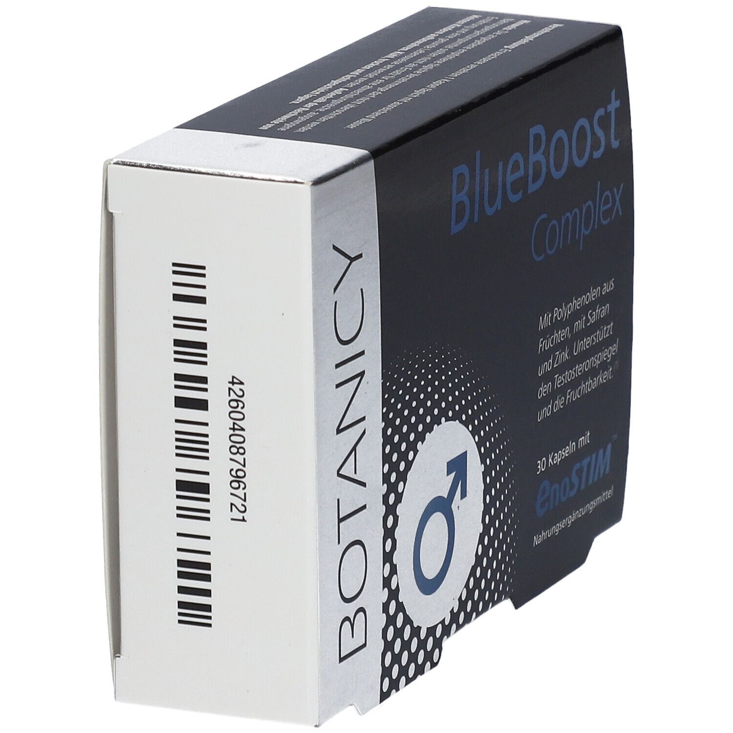 Schachtel BlueBoost Complex. Marke: Botanicy. Barcode. Enthält EnoSTIM. 30 Kapseln.
