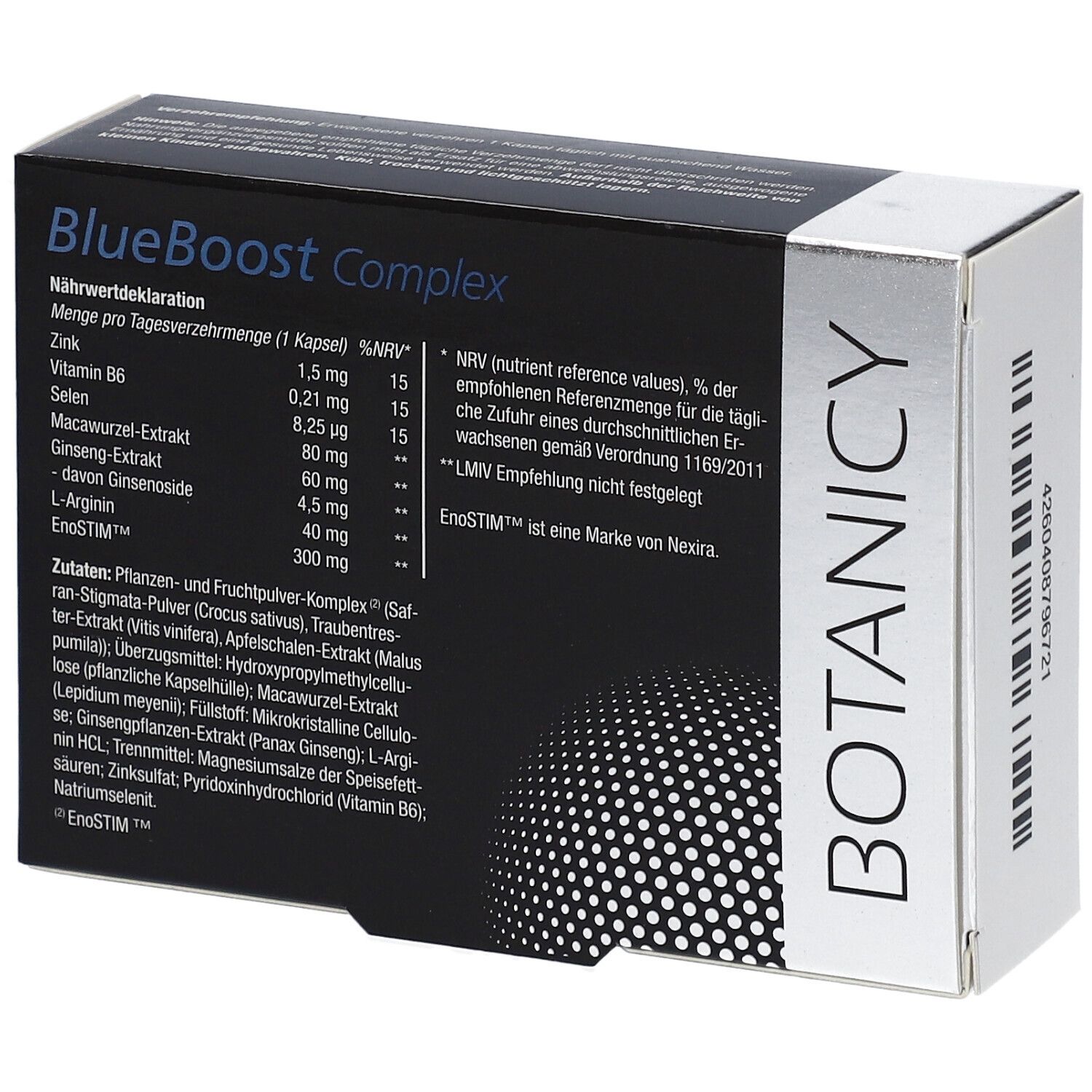 Schachtel BlueBoost Complex. Nährwertdeklaration. Marke: Botanicy. Enthält EnoSTIM. 30 Kapseln.