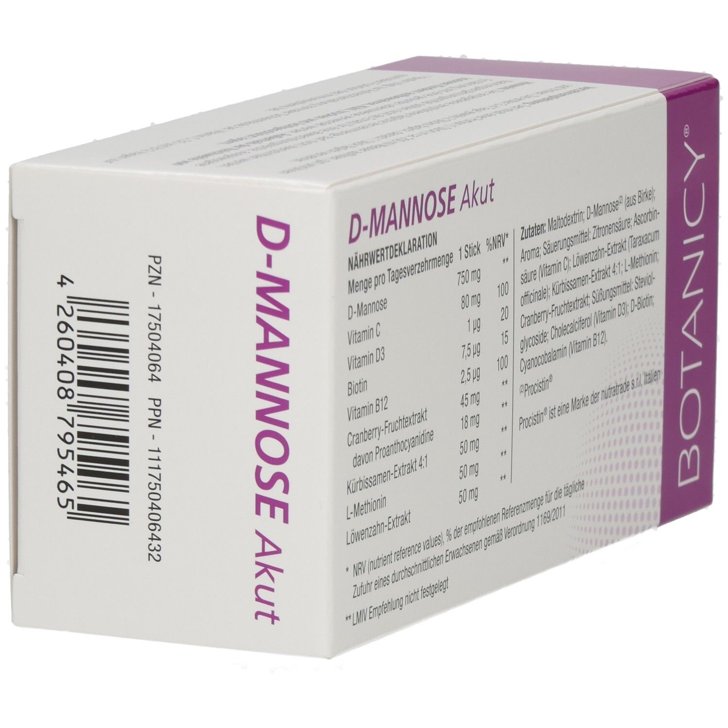 Produktpackung: D-Mannose Akut, 12 Sticks, procistin, BOTANICY. Seitenansicht. Weiß-lila Verpackung.