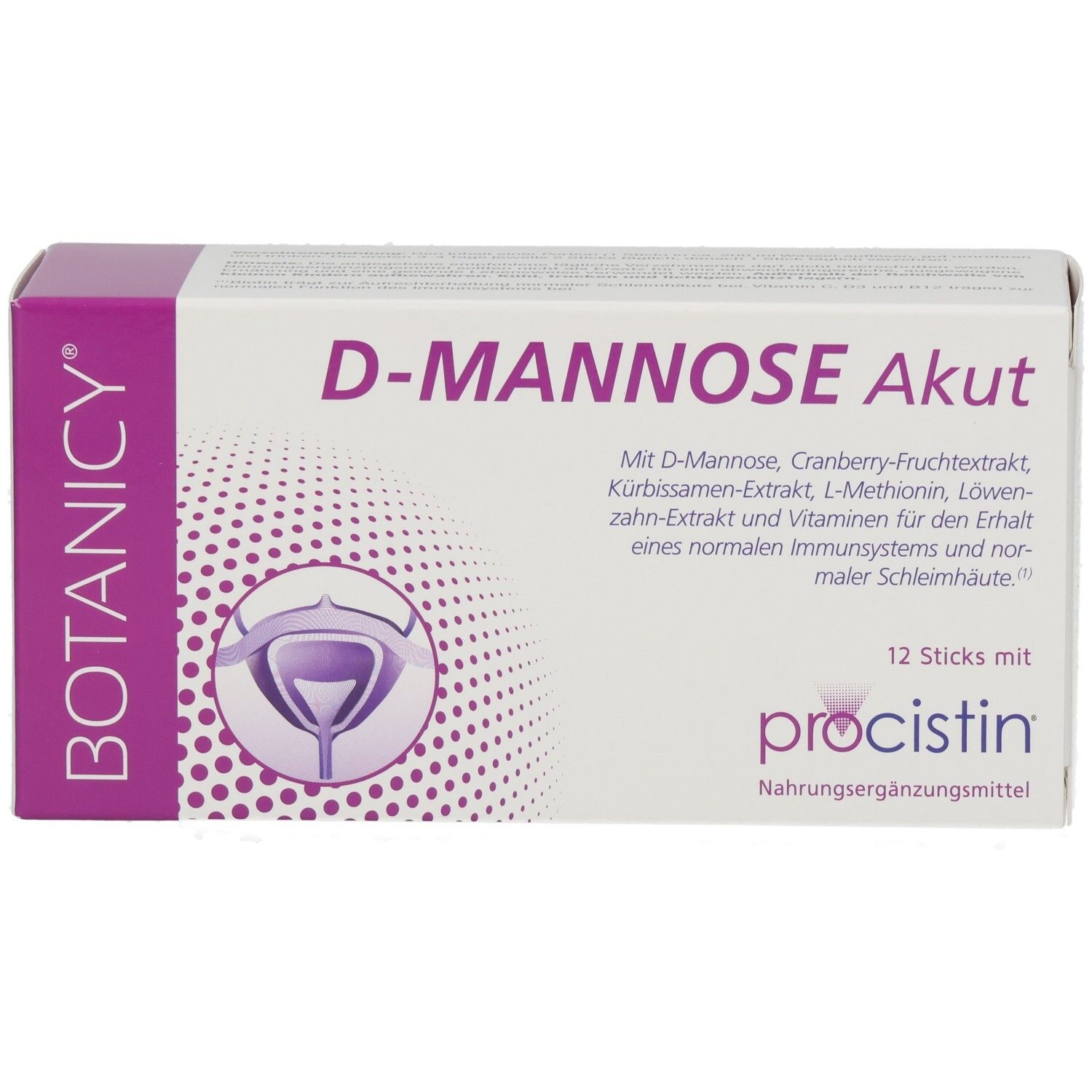 Produktpackung: D-Mannose Akut, 12 Sticks, procistin, BOTANICY. Perspektivische Ansicht. Weiß-lila Verpackung.
