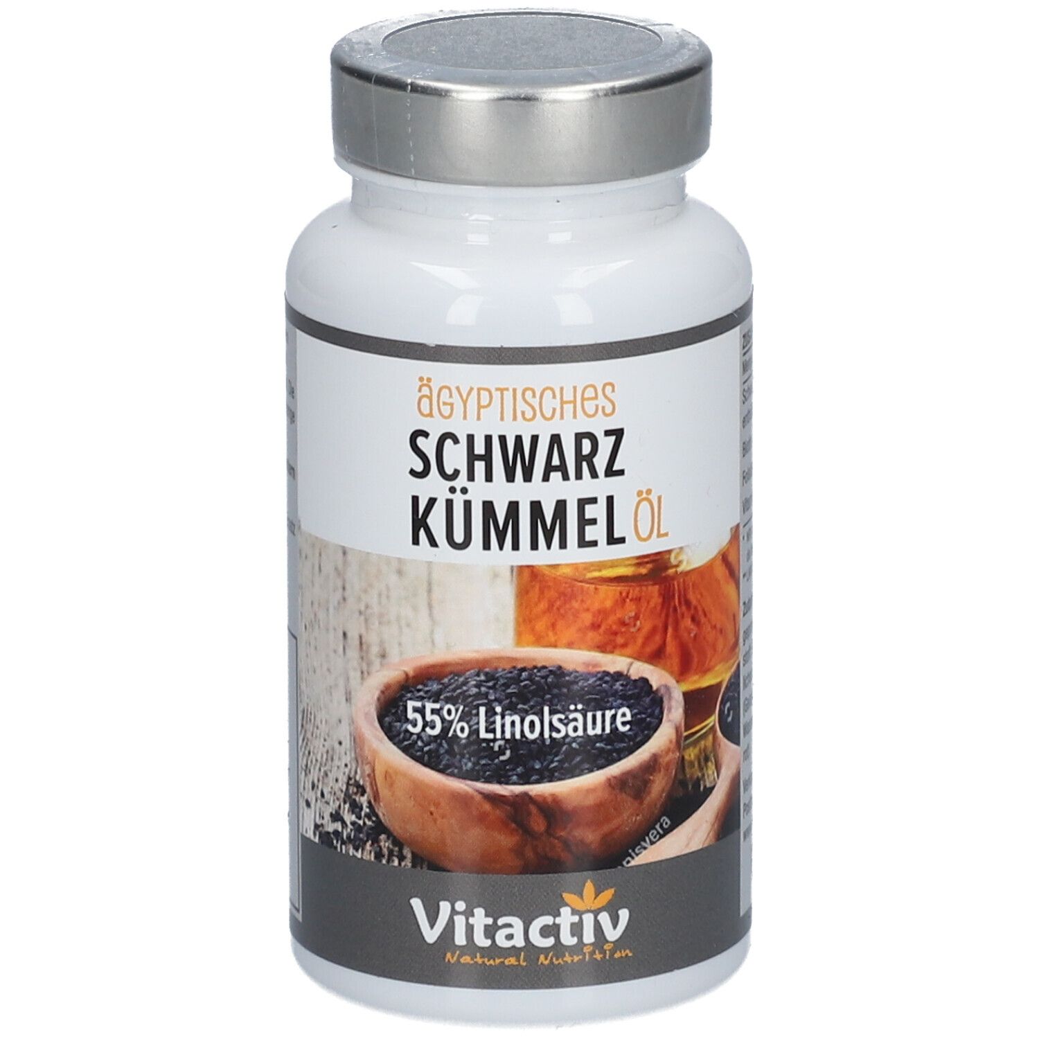 Weißes Fläschchen mit Kapseln. Aufschrift: Ägyptisches Schwarzkümmel Öl, 55% Linolsäure. Marke: Vitactiv.