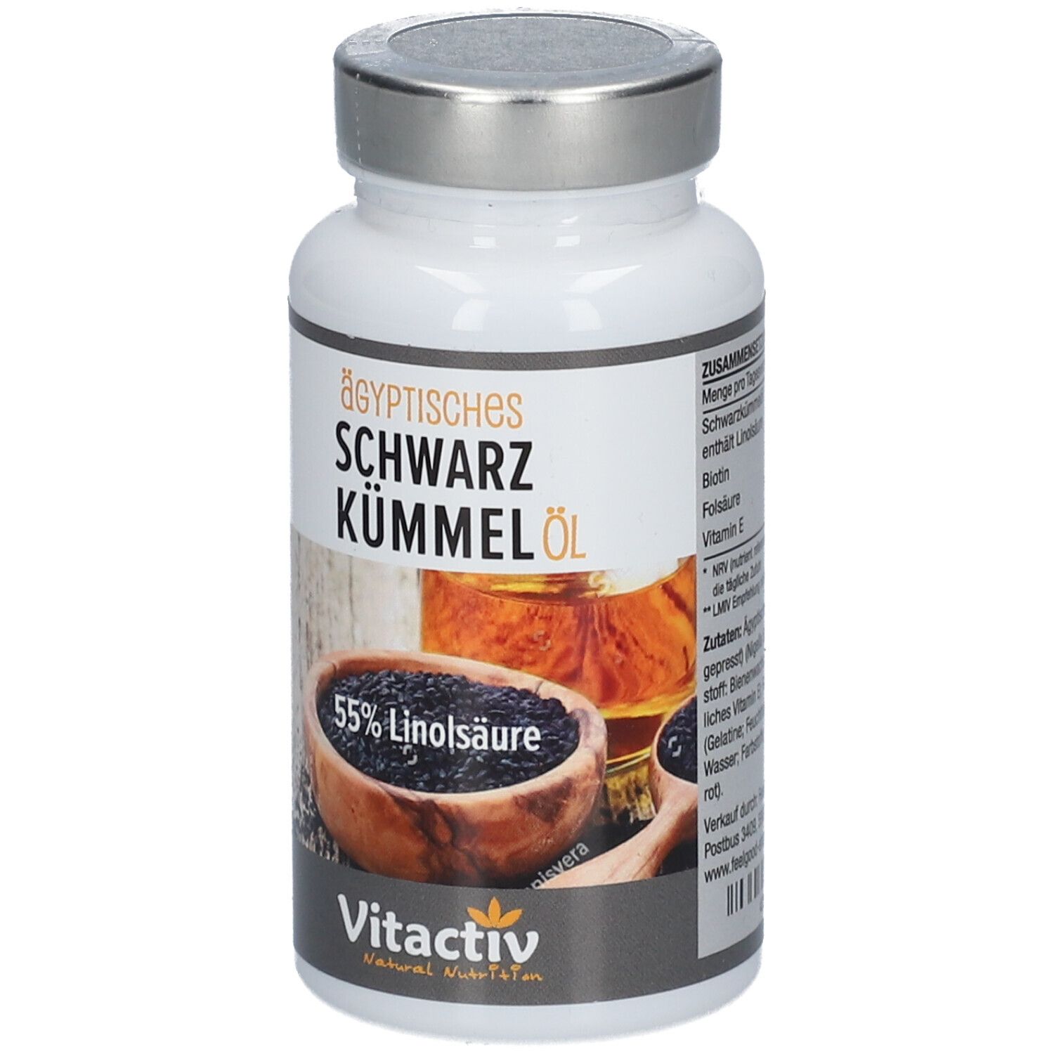Weißes Fläschchen mit Kapseln. Aufschrift: Ägyptisches Schwarzkümmel Öl, 55% Linolsäure. Marke: Vitactiv.