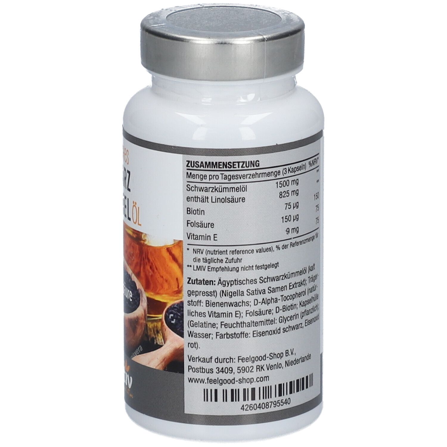 Produktetikett mit Informationen zu Inhaltsstoffen und Dosierung. Enthält: Schwarzkümmelöl, Biotin, Folsäure, Vitamin E.