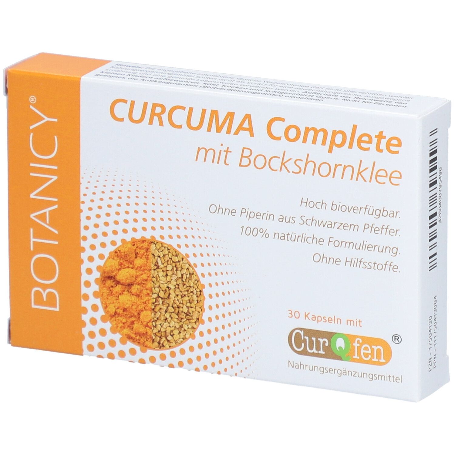 Karton BOTANICY Curcuma Complete. Text: Curcuma Complete mit Bockshornklee. 30 Kapseln. CurQfen. Nahrungsergänzungsmittel.
