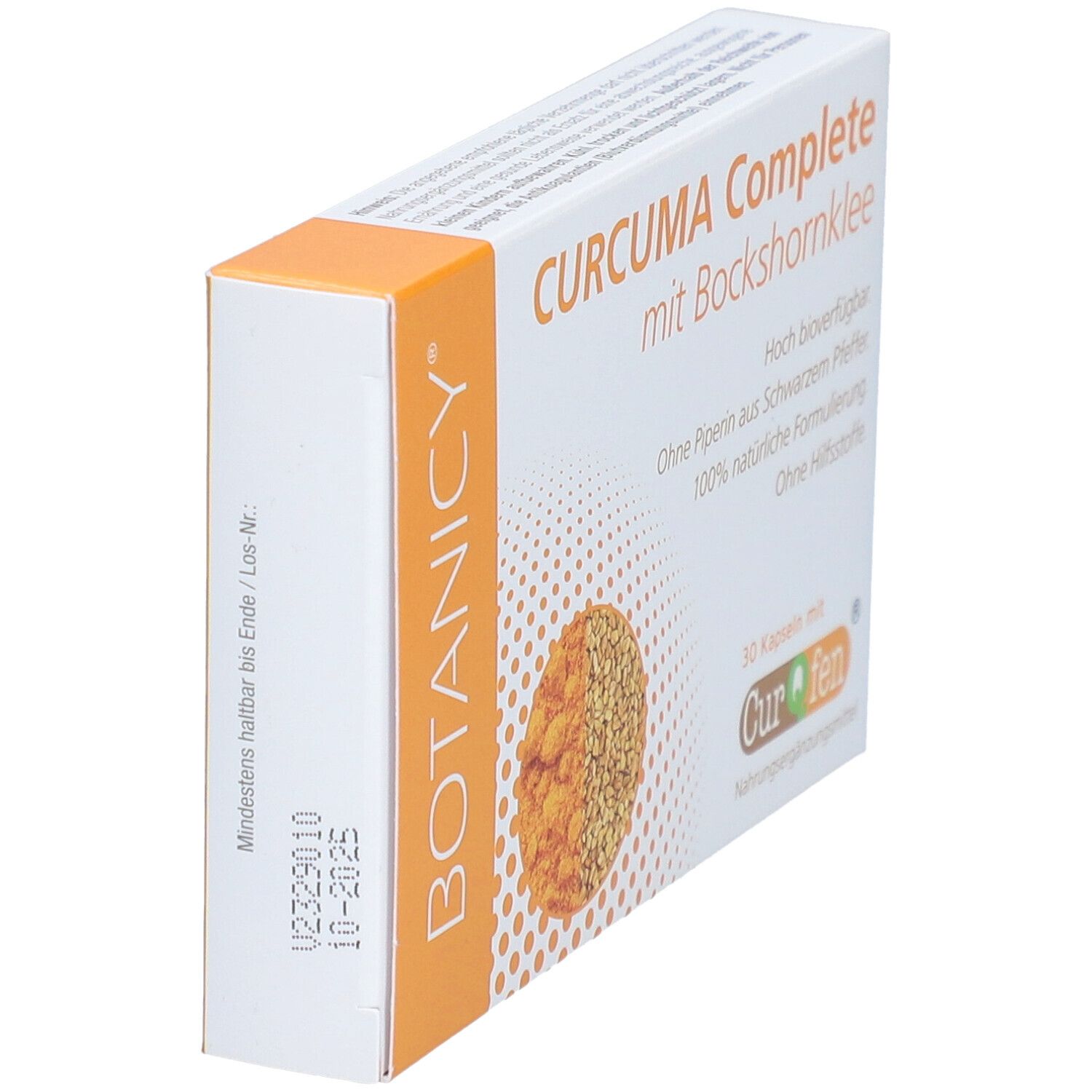 Karton BOTANICY Curcuma Complete. Text: Curcuma Complete mit Bockshornklee. 30 Kapseln. Seitenansicht.