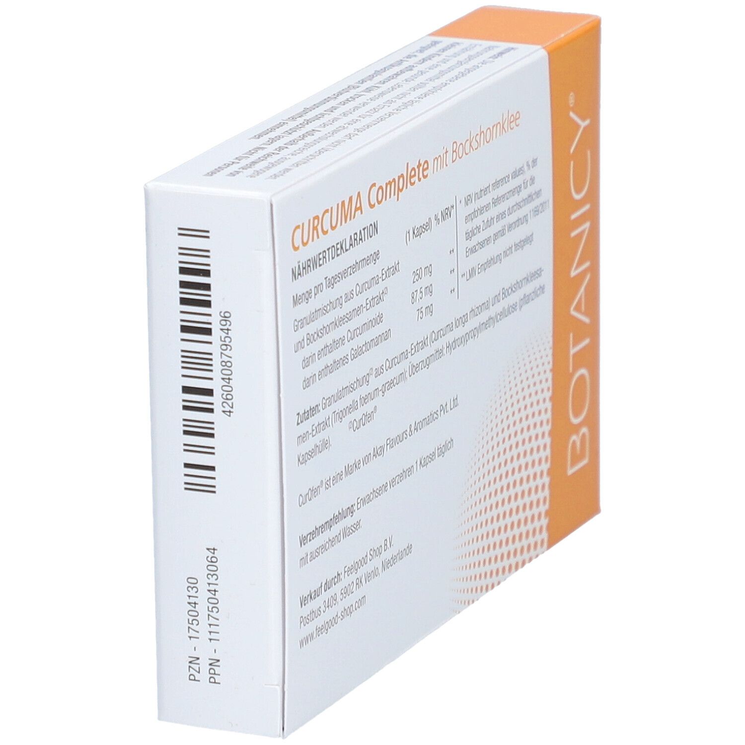 Karton BOTANICY Curcuma Complete. Text: Nährwertdeklaration. Rückseite. 30 Kapseln. Seitenansicht.