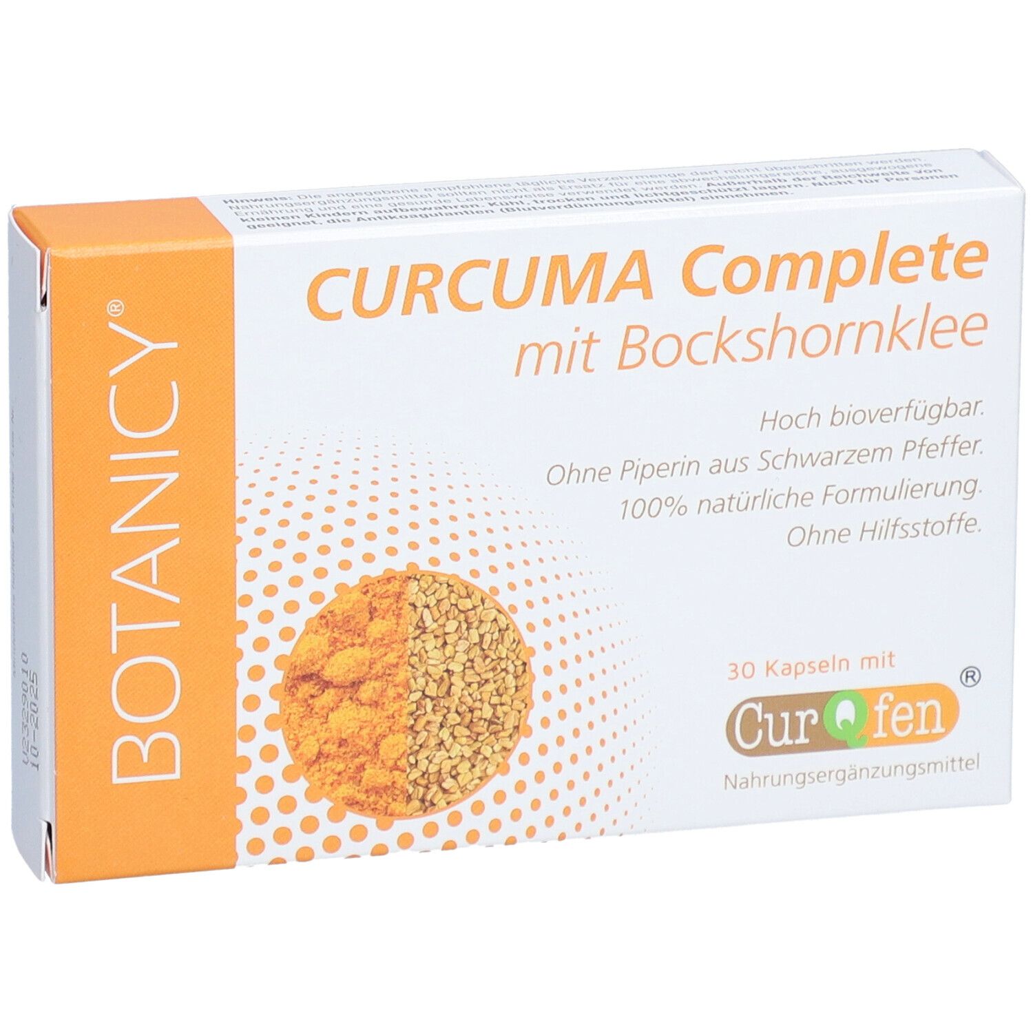 Karton BOTANICY Curcuma Complete. Text: Curcuma Complete mit Bockshornklee. 30 Kapseln. CurQfen. Nahrungsergänzungsmittel.