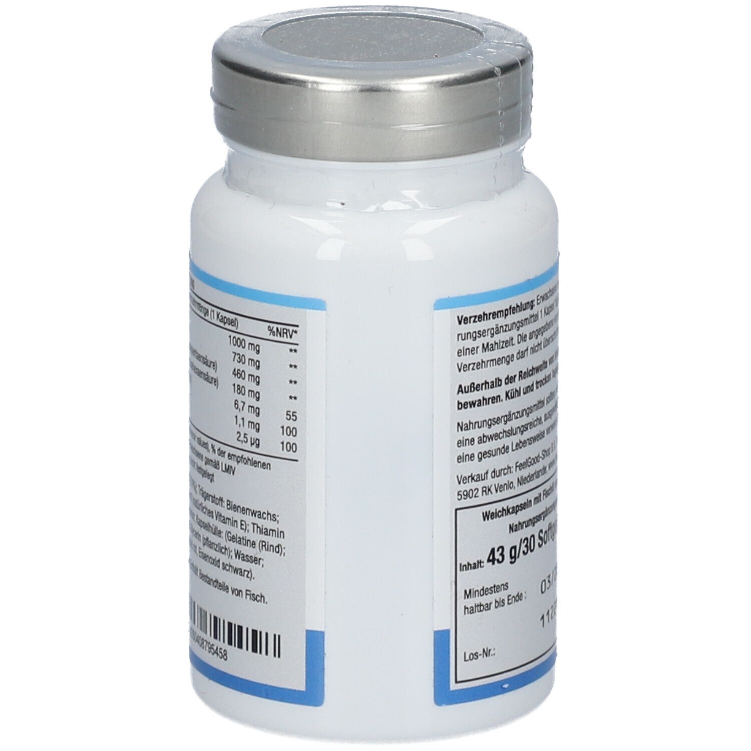 Rückseite der Flasche mit Omega 3 Fischöl 1000 Kapseln. Text: Nährwertangaben. Marke: vitactiv.