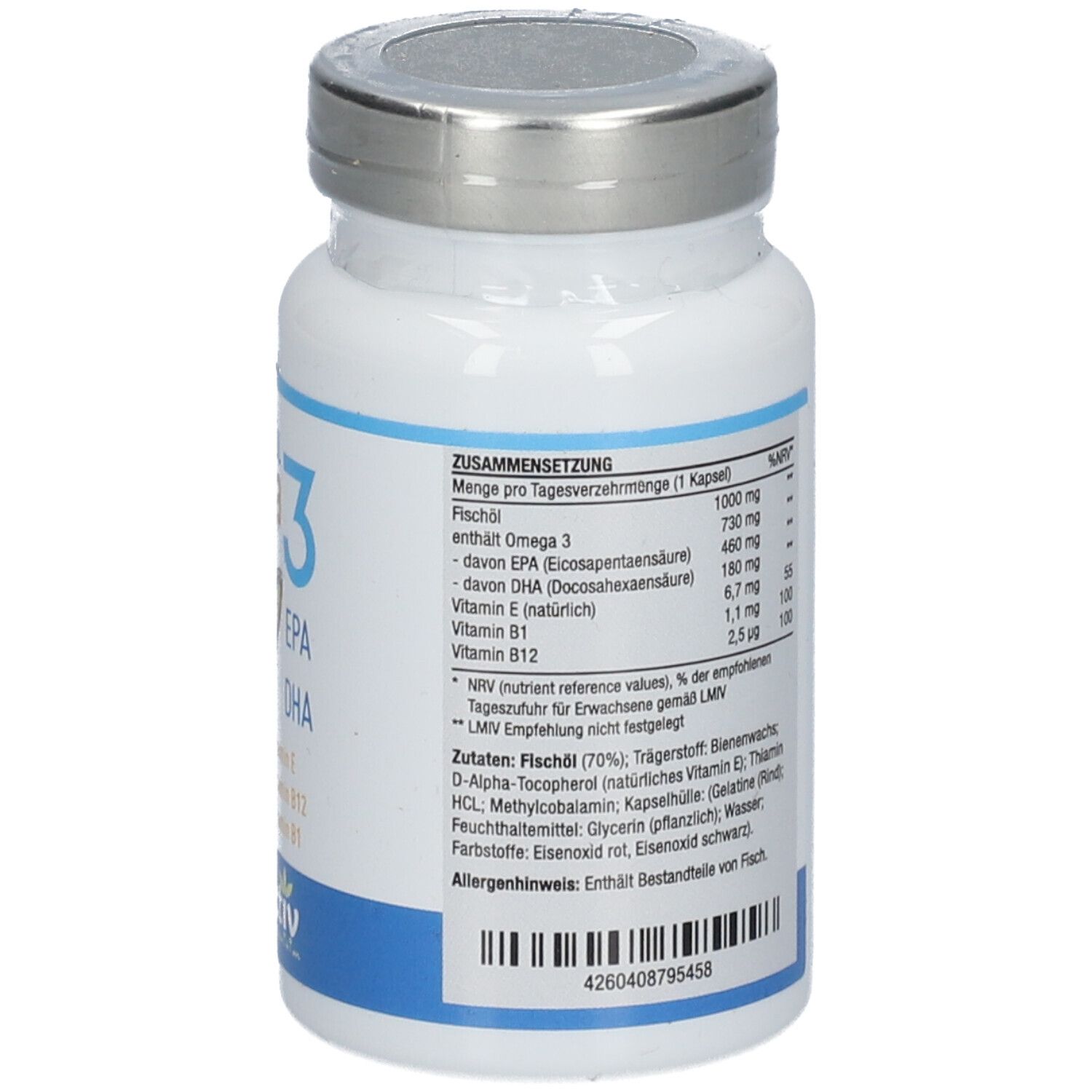Rückseite der Flasche mit Omega 3 Fischöl 1000 Kapseln. Text: Zusammensetzung, Nährwertangaben. Marke: vitactiv.
