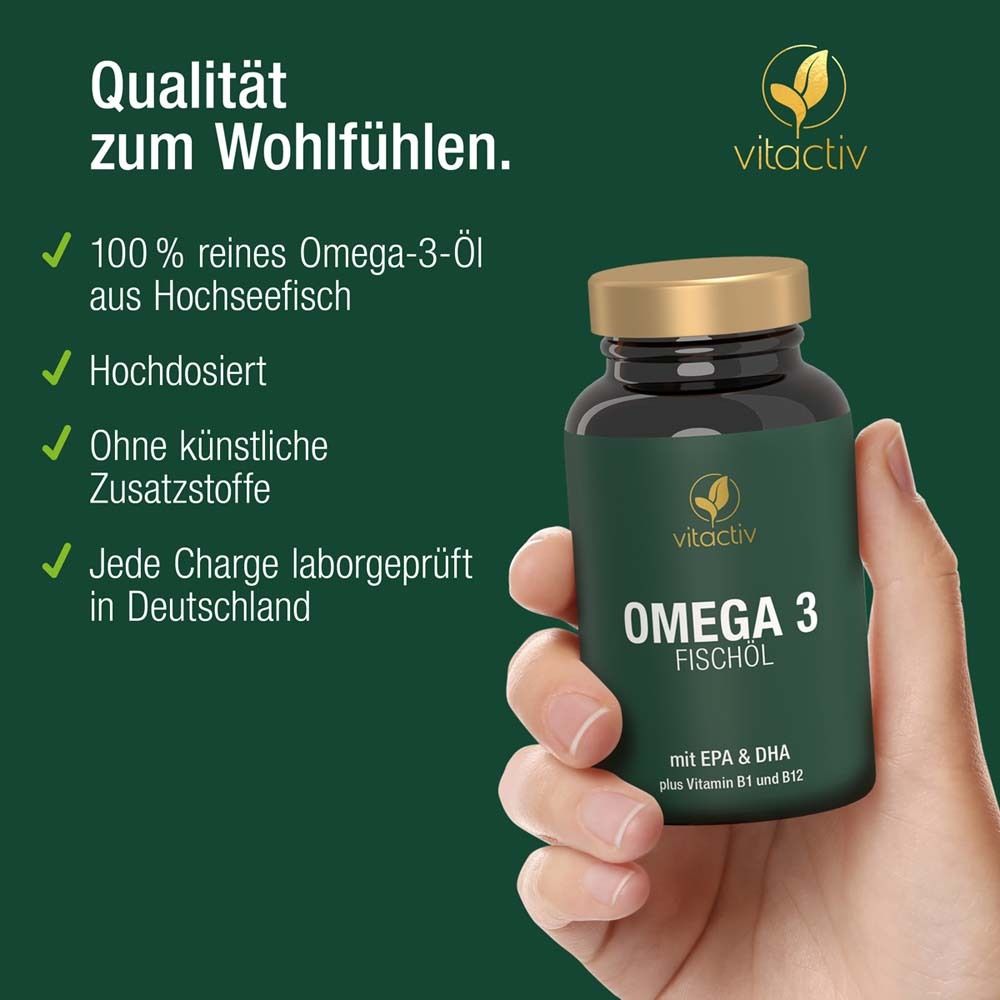 Hand hält Flasche mit Omega 3 Fischöl Kapseln. Text: Qualität zum Wohlfühlen. Grafiken: 100% rein, hochdosiert, ohne Zusätze. Marke: vitactiv.