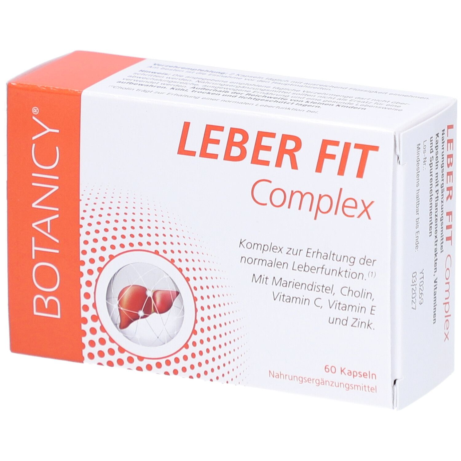 Karton mit BOTANICY Leber Fit Complex. Enthält 60 Kapseln. Mit Mariendistel, Cholin, Vitamin C, E und Zink.