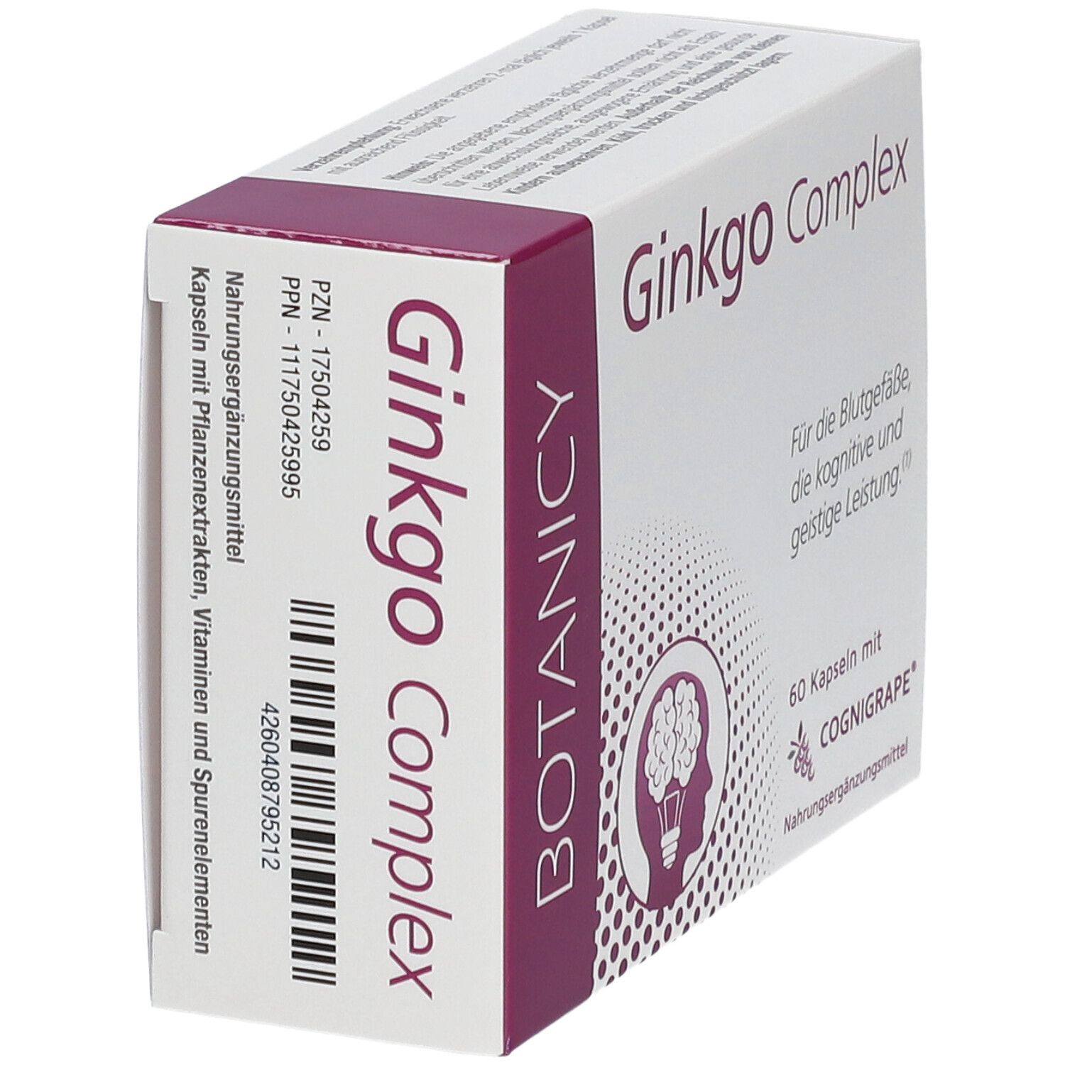 Schachtel mit Ginkgo Complex. Aufschrift: BOTANICY, 60 Kapseln, COGNIGRAPE. Illustration eines Gehirns. Für Blutgefäße, kognitive Leistung.