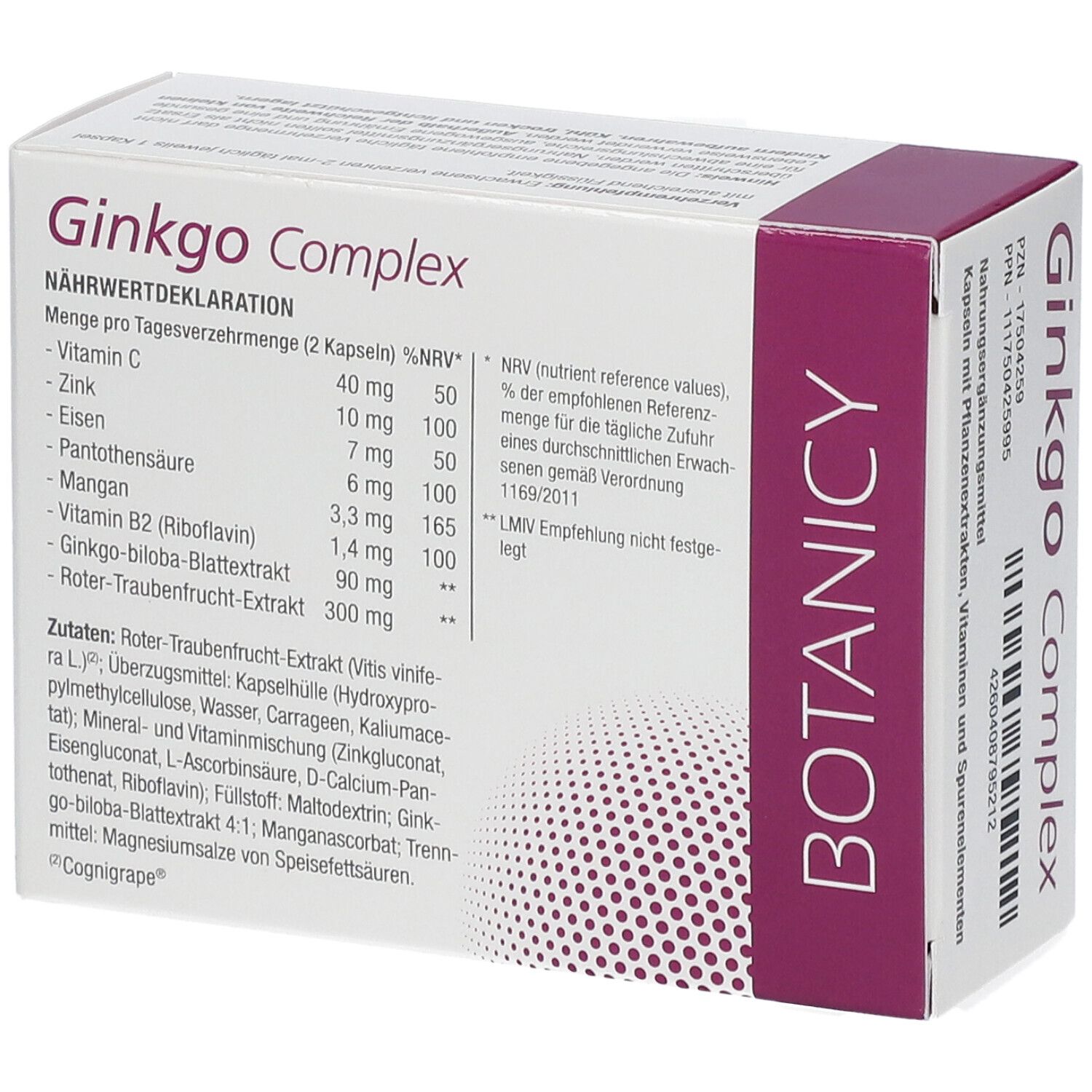 Schachtel mit Ginkgo Complex. Aufschrift: BOTANICY, 60 Kapseln, COGNIGRAPE. Illustration eines Gehirns. Nährwertdeklaration.