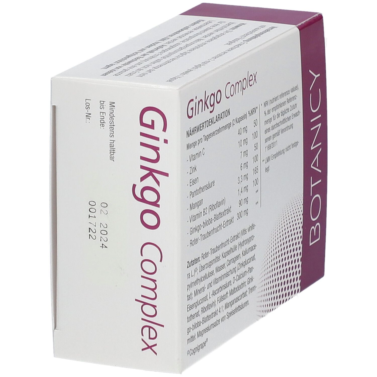 Schachtel mit Ginkgo Complex. Aufschrift: BOTANICY, 60 Kapseln, COGNIGRAPE. Illustration eines Gehirns. Für Blutgefäße, kognitive Leistung.