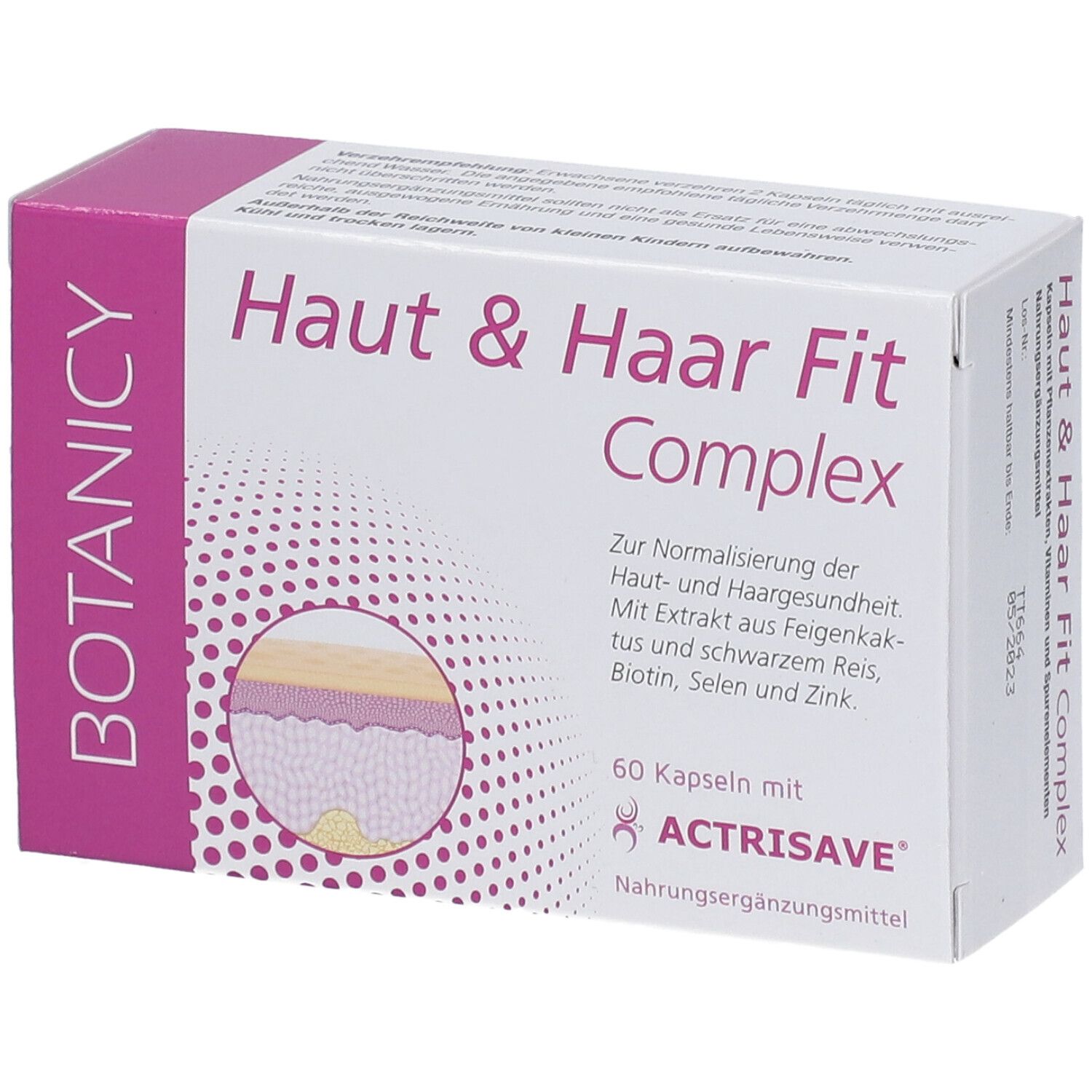 Produktverpackung von 'Haut & Haar Fit Complex'. Enthält 60 Kapseln. Rosa und weißes Design.