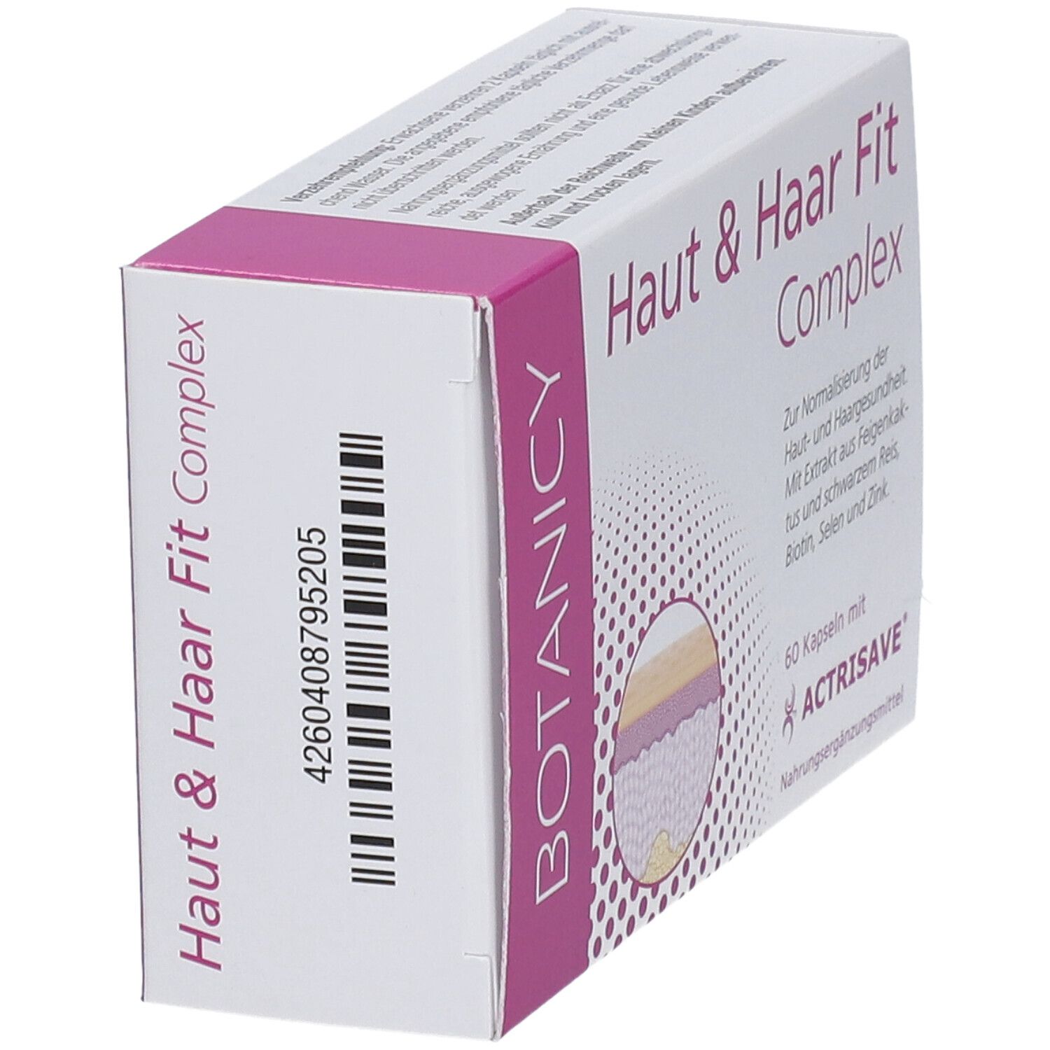 Produktverpackung von 'Haut & Haar Fit Complex'. Seitenansicht mit Barcode und Logo.