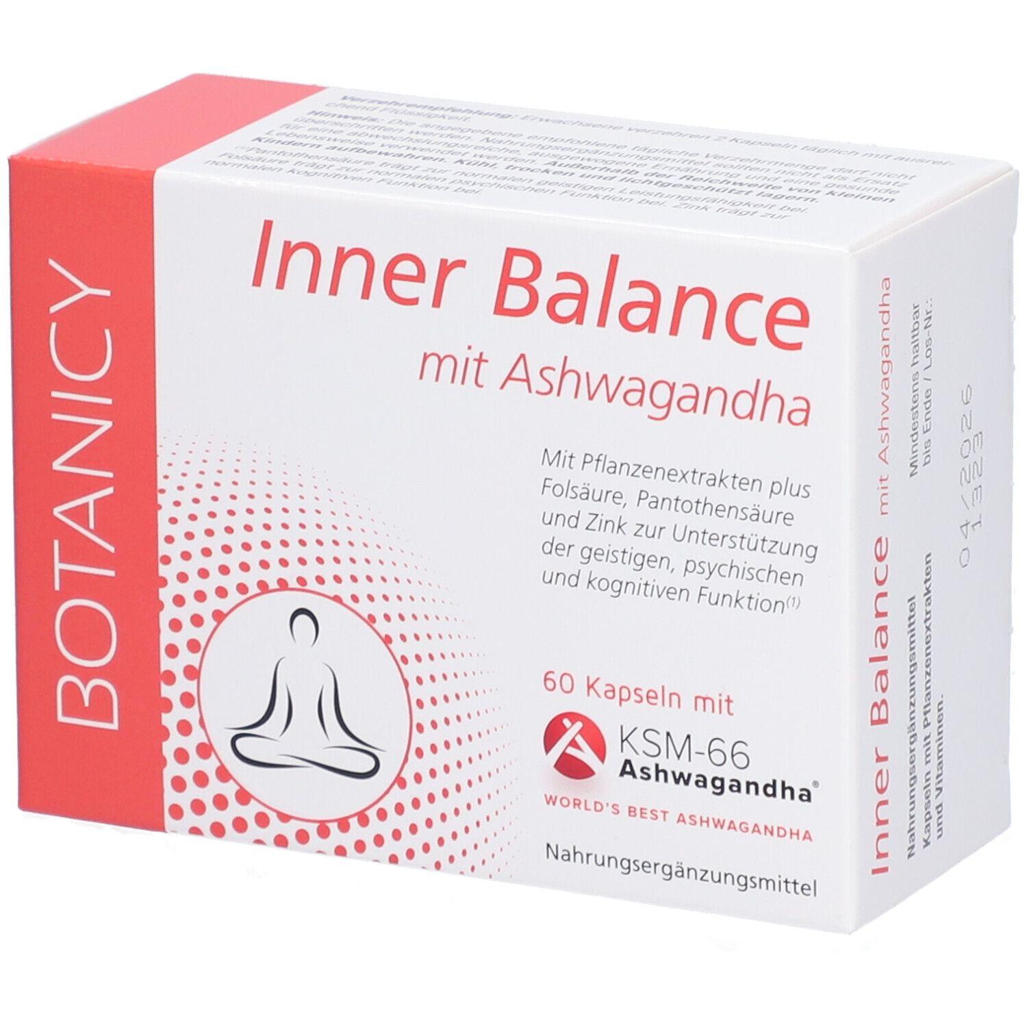 Packung 'Inner Balance mit Ashwagandha'. 60 Kapseln. Mit Pflanzenextrakten, Folsäure, Zink. Unterstützt geistige Funktion.