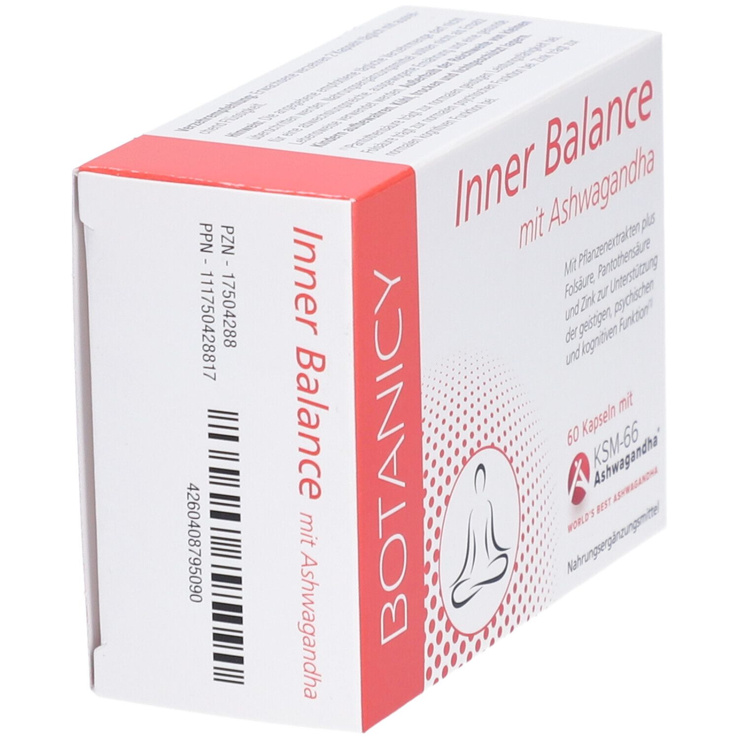 Packung 'Inner Balance mit Ashwagandha'. 60 Kapseln. Mit Pflanzenextrakten, Folsäure, Zink. Unterstützt geistige Funktion.