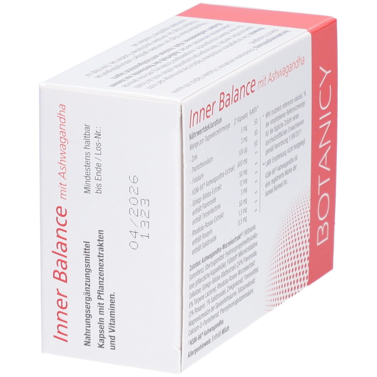 Packung 'Inner Balance mit Ashwagandha'. 60 Kapseln. Mit Pflanzenextrakten, Folsäure, Zink. Unterstützt geistige Funktion.