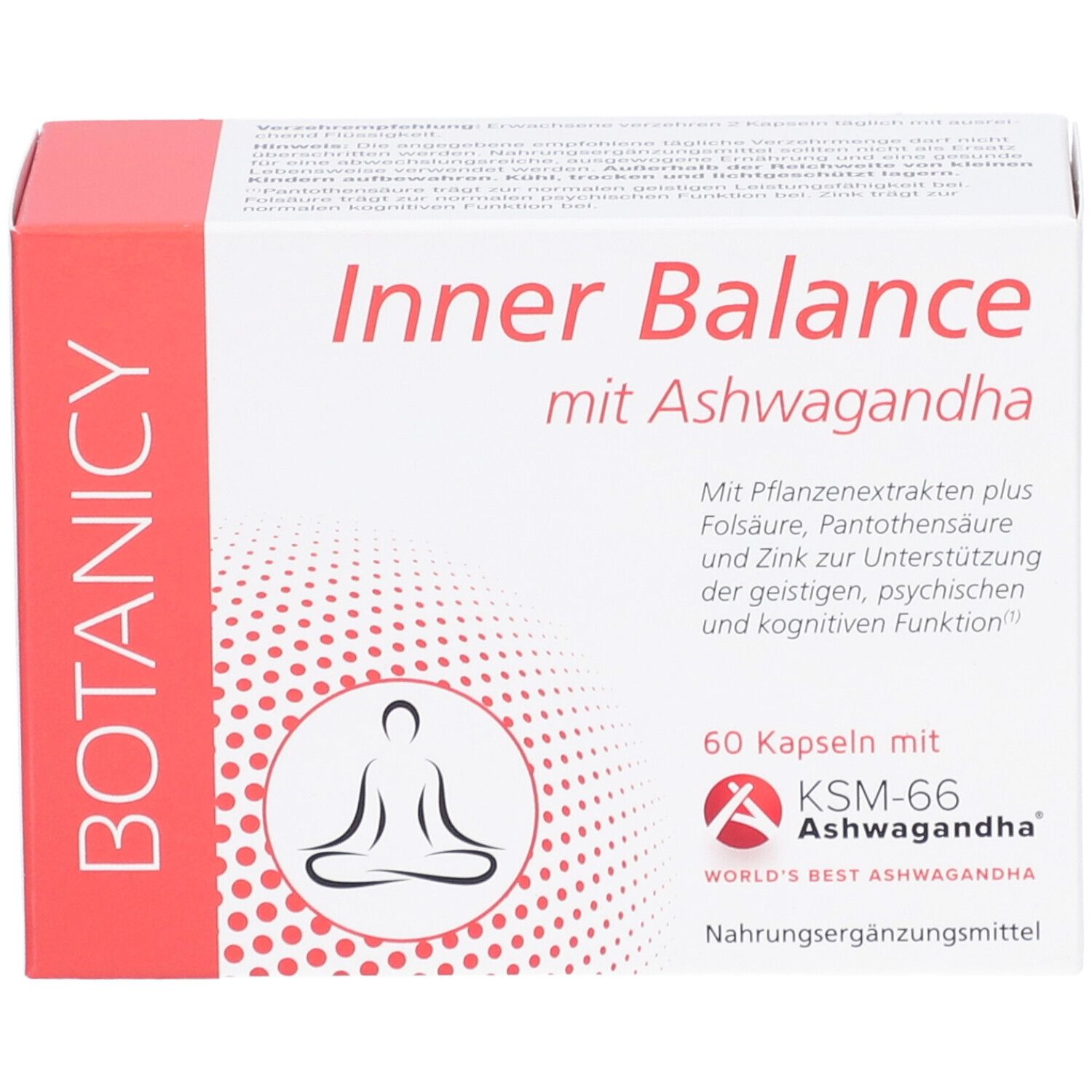 Packung 'Inner Balance mit Ashwagandha'. 60 Kapseln. Mit Pflanzenextrakten, Folsäure, Zink. Unterstützt geistige Funktion.