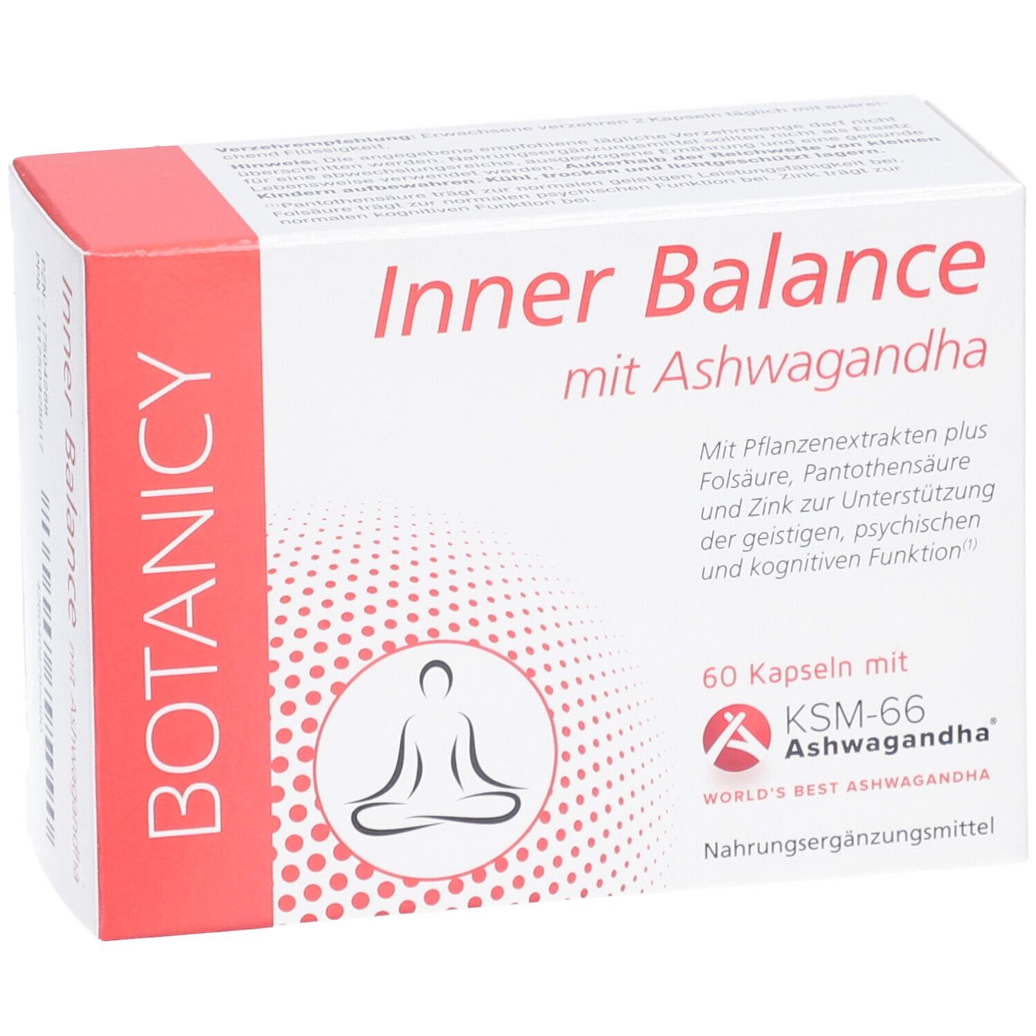 Packung 'Inner Balance mit Ashwagandha'. 60 Kapseln. Mit Pflanzenextrakten, Folsäure, Zink. Unterstützt geistige Funktion.