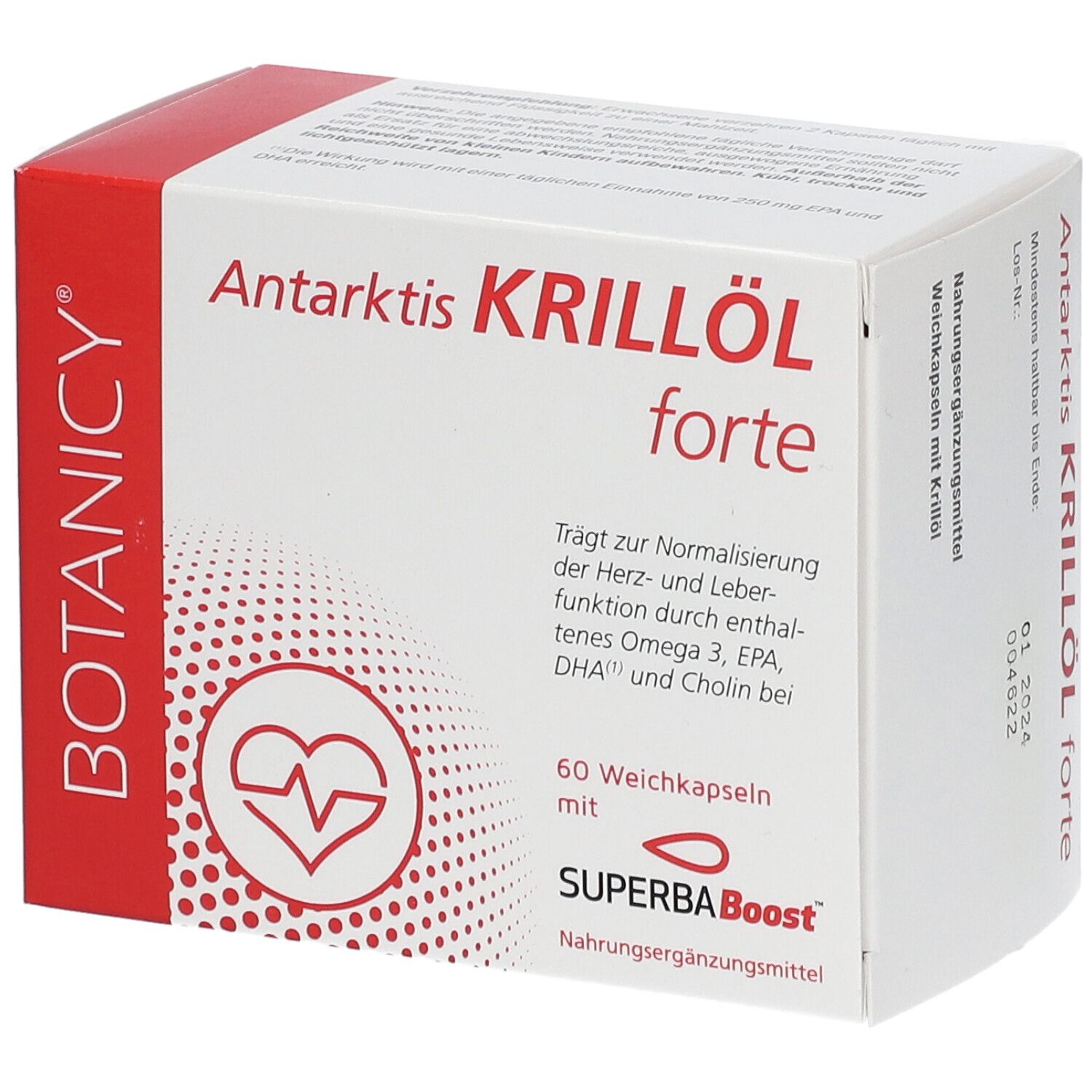 Produktverpackung "Antarktis Krillöl forte". 60 Weichkapseln. Marke: BOTANICY. Mit Herz-Logo.