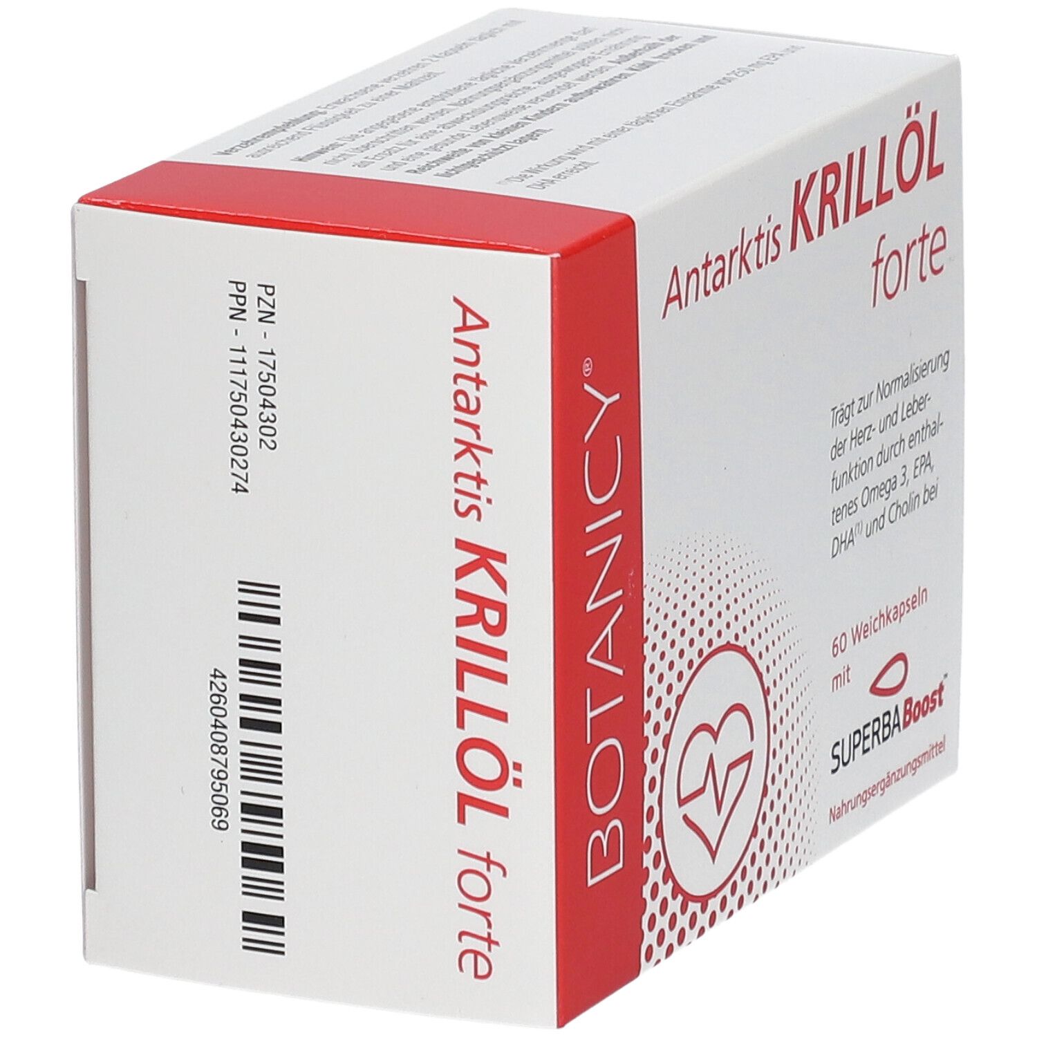 Produktverpackung "Antarktis Krillöl forte". Marke: BOTANICY. Mit Herz-Logo. Barcode.