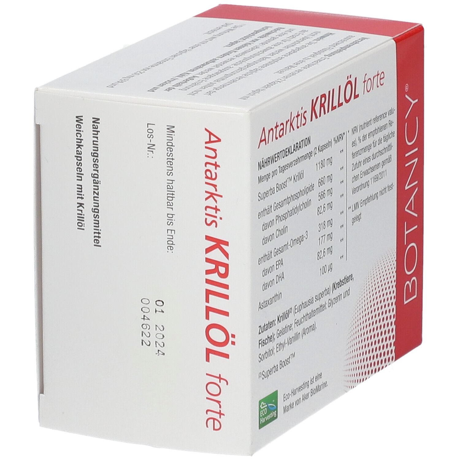 Produktverpackung. Mindesthaltbarkeit. Nährwertdeklaration. Marke: BOTANICY. Mit Herz-Logo.