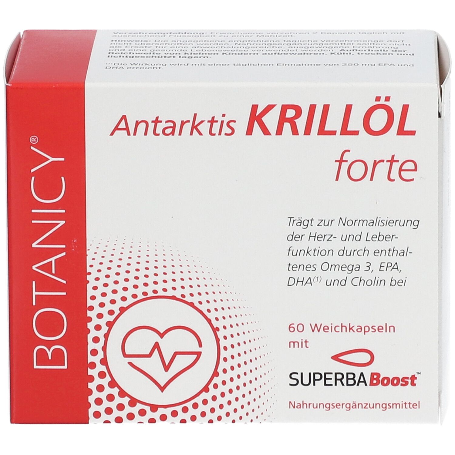 Produktverpackung "Antarktis Krillöl forte". 60 Weichkapseln. Marke: BOTANICY. Mit Herz-Logo.