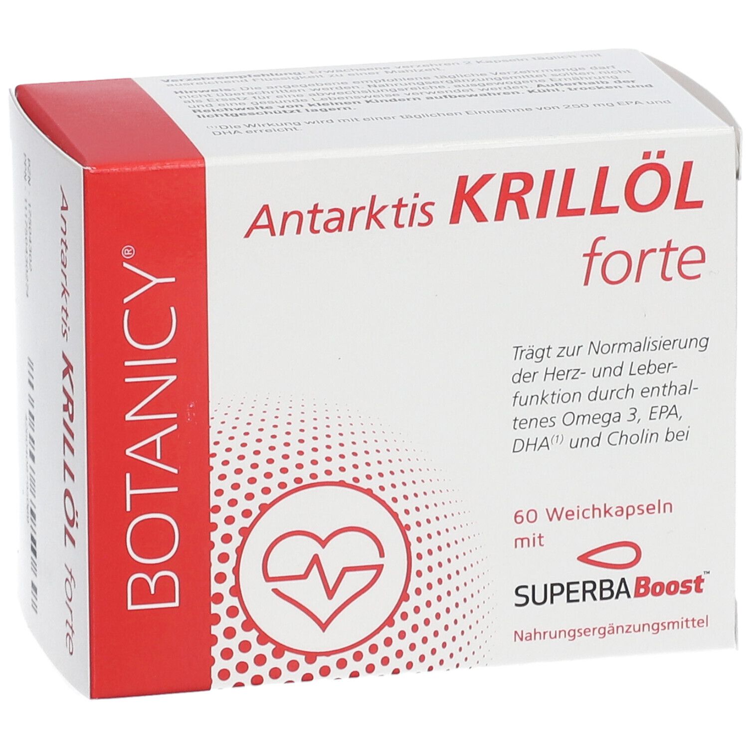 Produktverpackung "Antarktis Krillöl forte". Marke: BOTANICY. Mit Herz-Logo. Text.