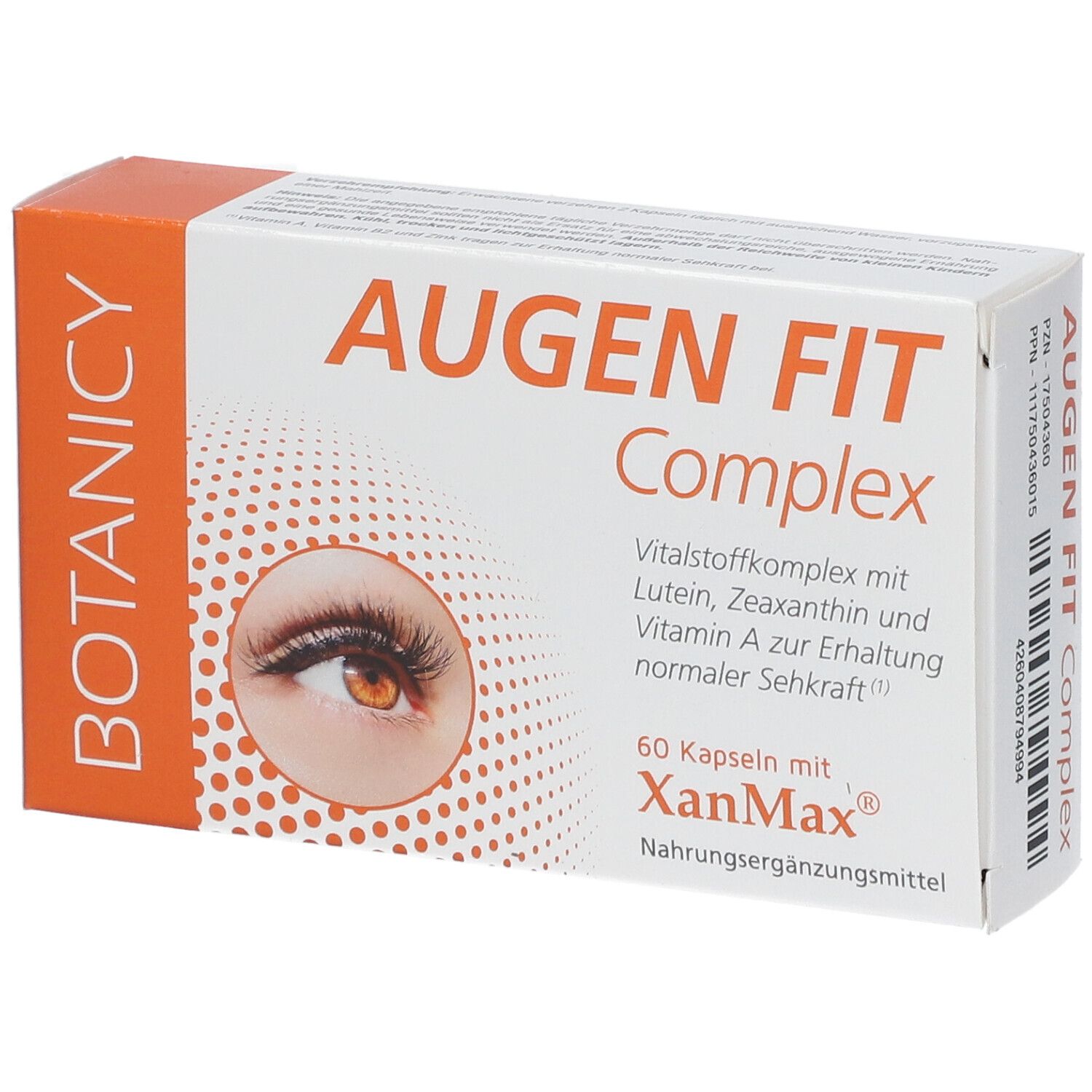 Produktverpackung von Augen Fit Complex. Enthält 60 Kapseln mit XanMax. Abbildung eines Auges.