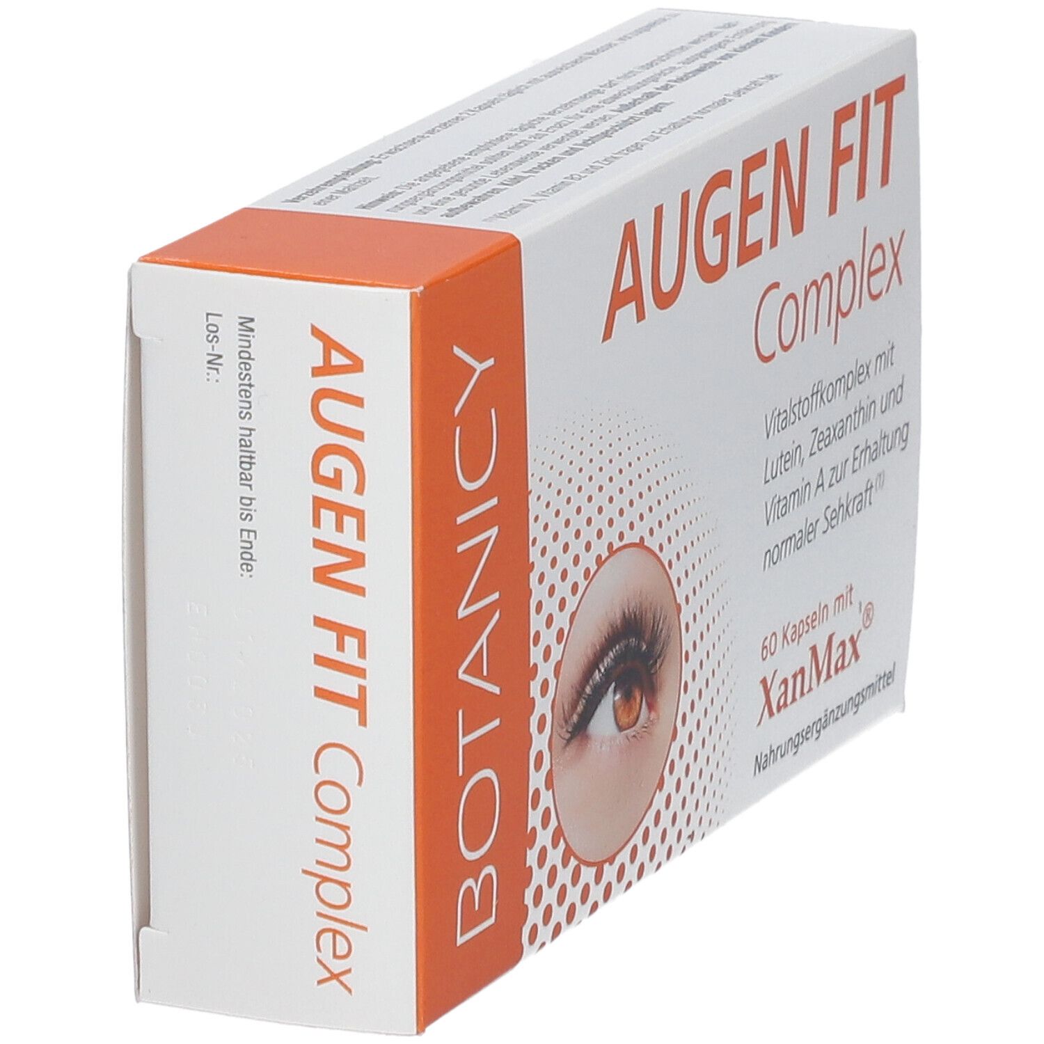 Produktverpackung von Augen Fit Complex. Seitenansicht mit Text und Logo. Enthält 60 Kapseln.