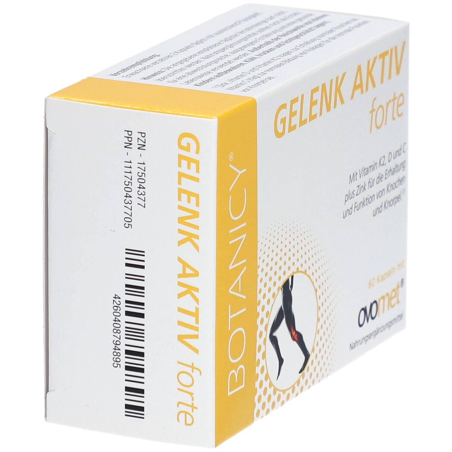 BOTANICY Gelenk Aktiv forte. Weiße Schachtel mit gelben Akzenten. Enthält 60 Kapseln. Text: Vitamin K2, D, C plus Zink.