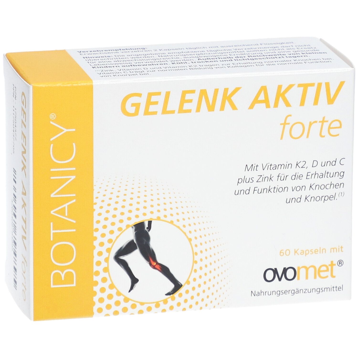 BOTANICY Gelenk Aktiv forte. Weiße Schachtel mit gelben Akzenten. Enthält 60 Kapseln. Text: Vitamin K2, D, C plus Zink.