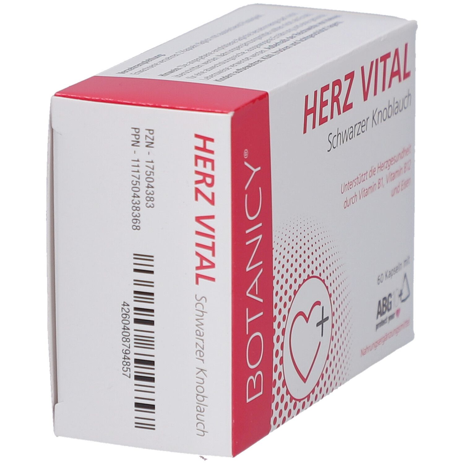 Schachtel "HERZ VITAL Schwarzer Knoblauch". Marke: BOTANICY. Barcode. 60 Kapseln. Mit ABG10+.