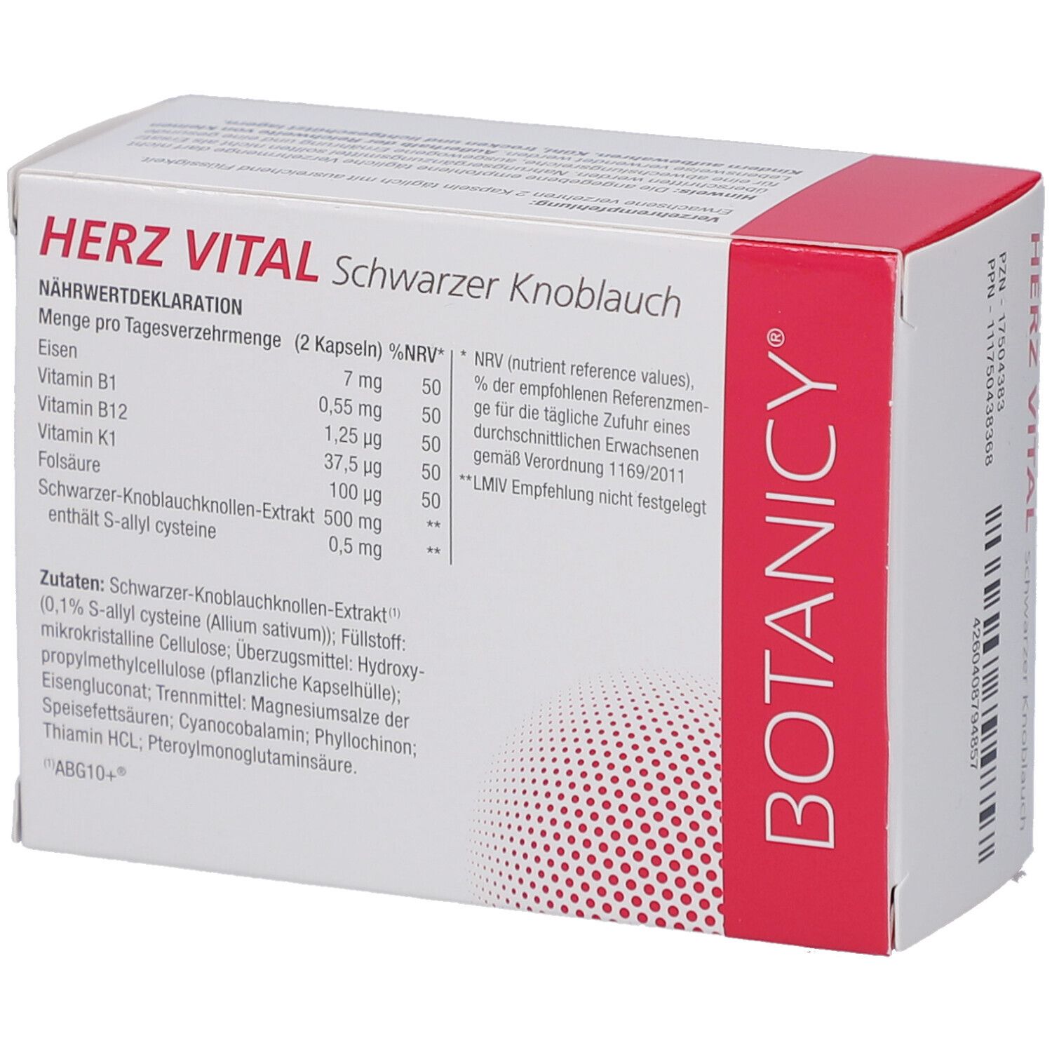 Rückseite der Schachtel "HERZ VITAL Schwarzer Knoblauch". Nährwertdeklaration. Marke: BOTANICY.