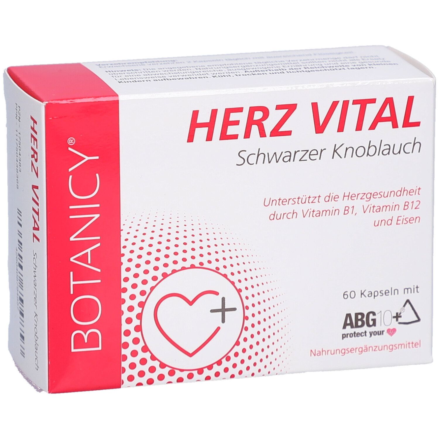 Schachtel "HERZ VITAL Schwarzer Knoblauch". 60 Kapseln. Mit ABG10+. Abgebildet: Knoblauch. Marke: BOTANICY.