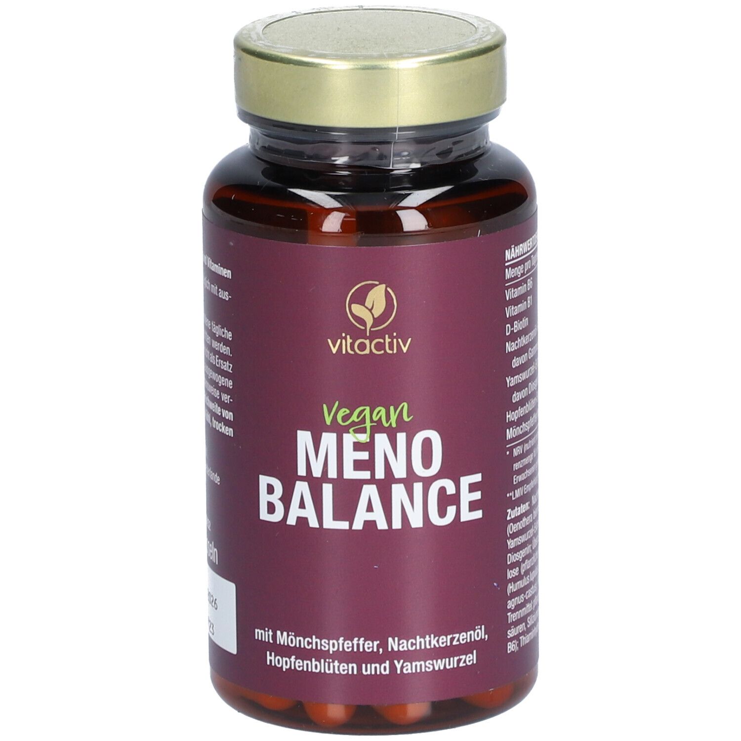 Braune Glasflasche mit goldfarbenem Deckel. Auf dem Etikett steht "vitactiv Vegan MENO BALANCE".