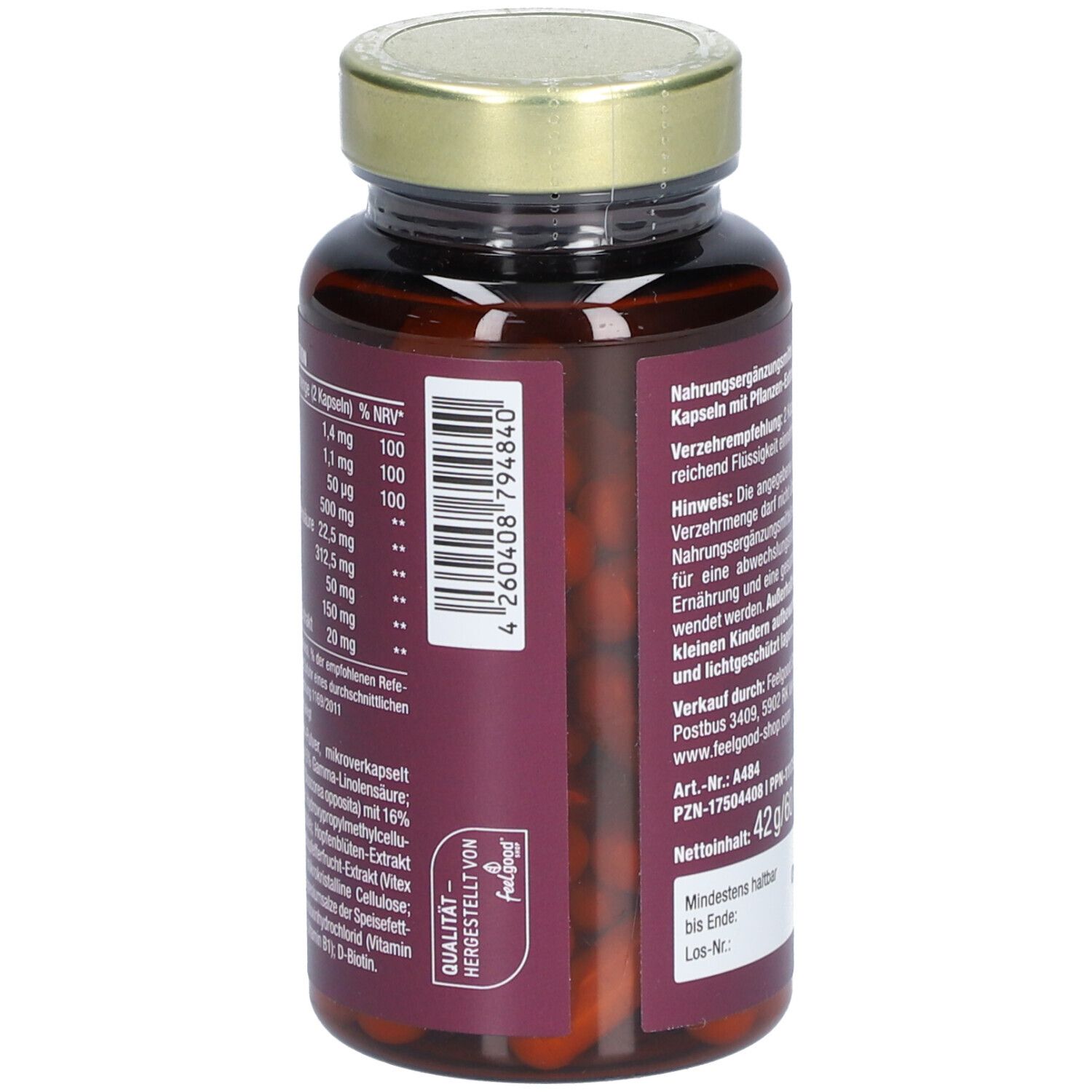 Rückseite der Flasche mit "vitactiv Vegan MENO BALANCE". Nährwertdeklaration und Herstellerinformationen.