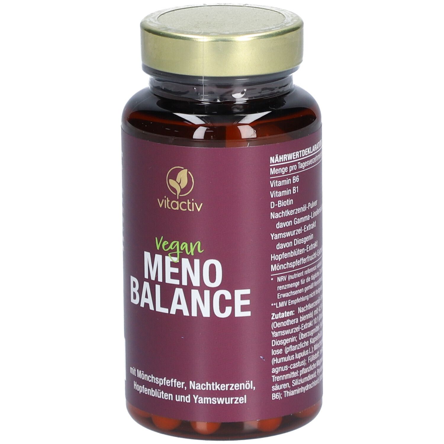 Rückseite der Flasche mit "vitactiv Vegan MENO BALANCE". Nährwertdeklaration.