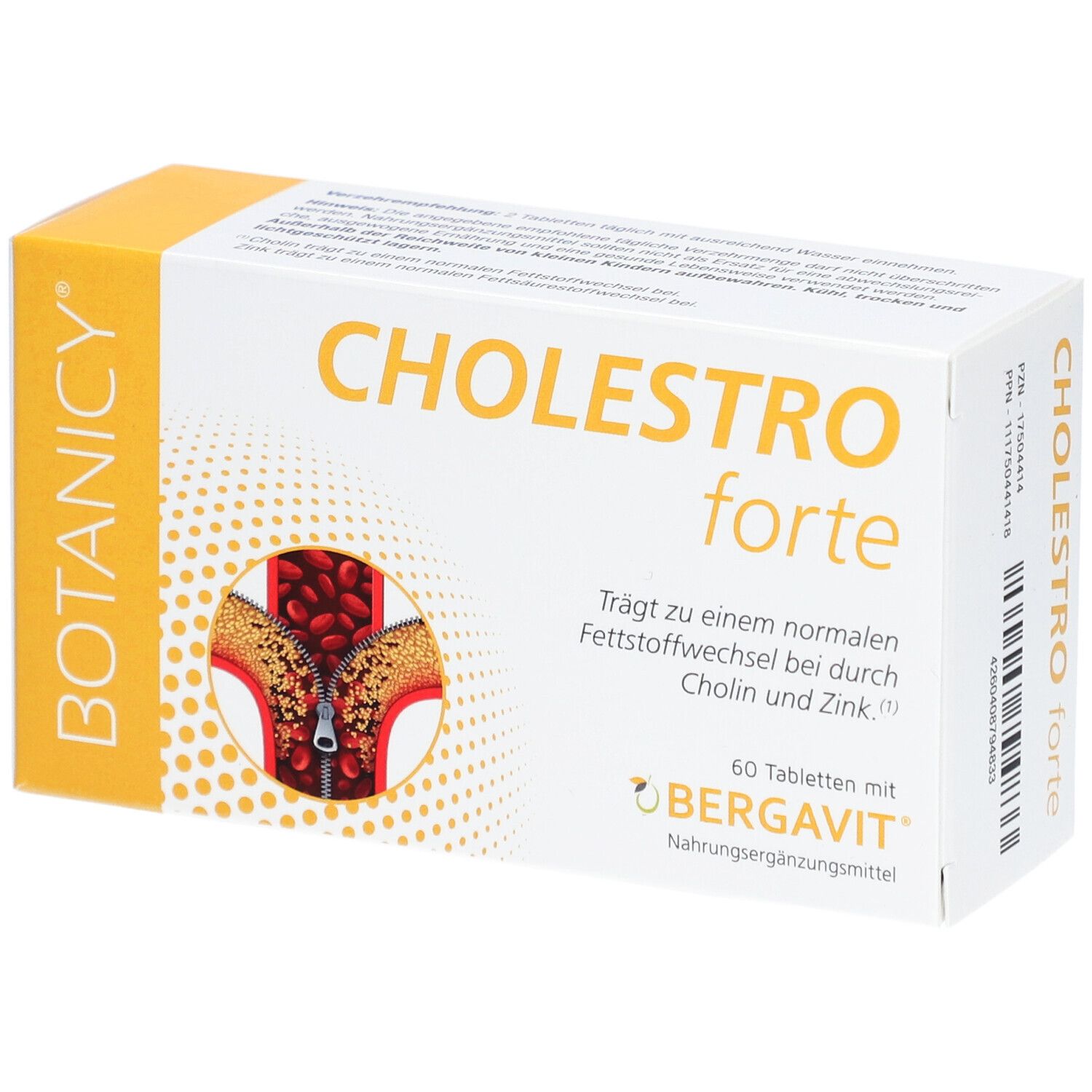 Verpackung von Cholestro forte. Aufdruck: 60 Tabletten. Trägt zu einem normalen Fettstoffwechsel bei durch Cholin und Zink.