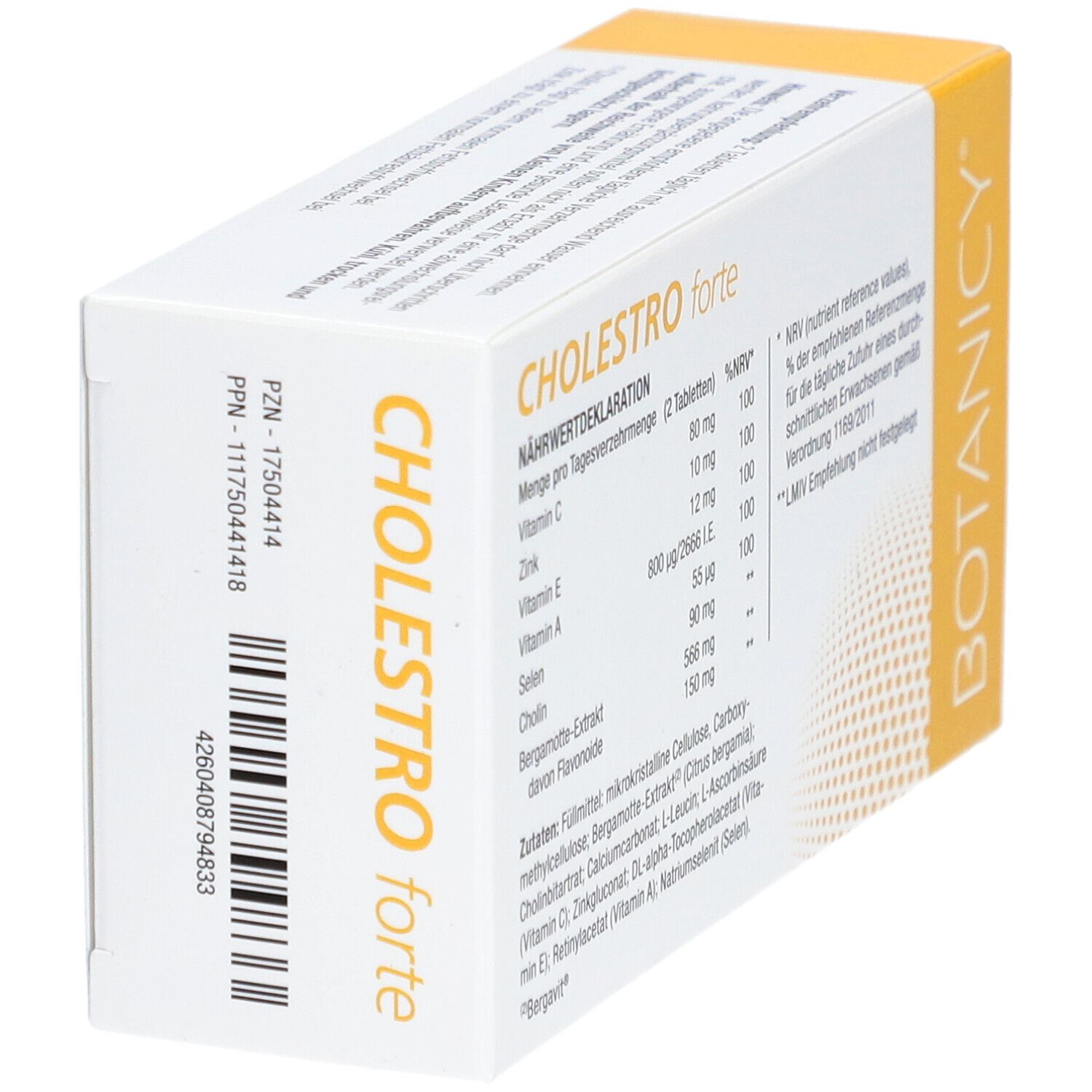 Verpackung von Cholestro forte. Aufdruck: 60 Tabletten. Trägt zu einem normalen Fettstoffwechsel bei durch Cholin und Zink.