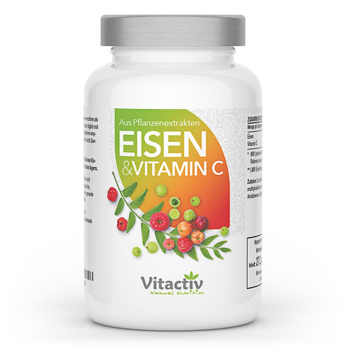 Weiße Flasche mit Kapseln. Aufschrift: Eisen & Vitamin C. Vitactiv-Logo. Abbildung von Früchten und Blättern.